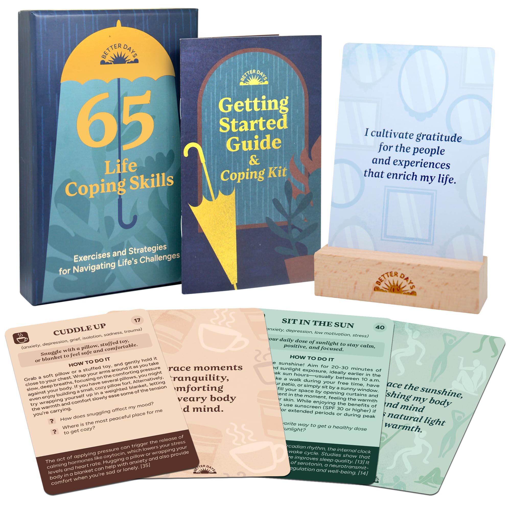 Better Days Coping Cards  65 Skills & Exercises to Cope with Stress, Anxiety, & Anger  3.5 x 5 Therapy Flashcards with Affirmations and Guidebook  Nurture Emotional Resilience & Mental Health