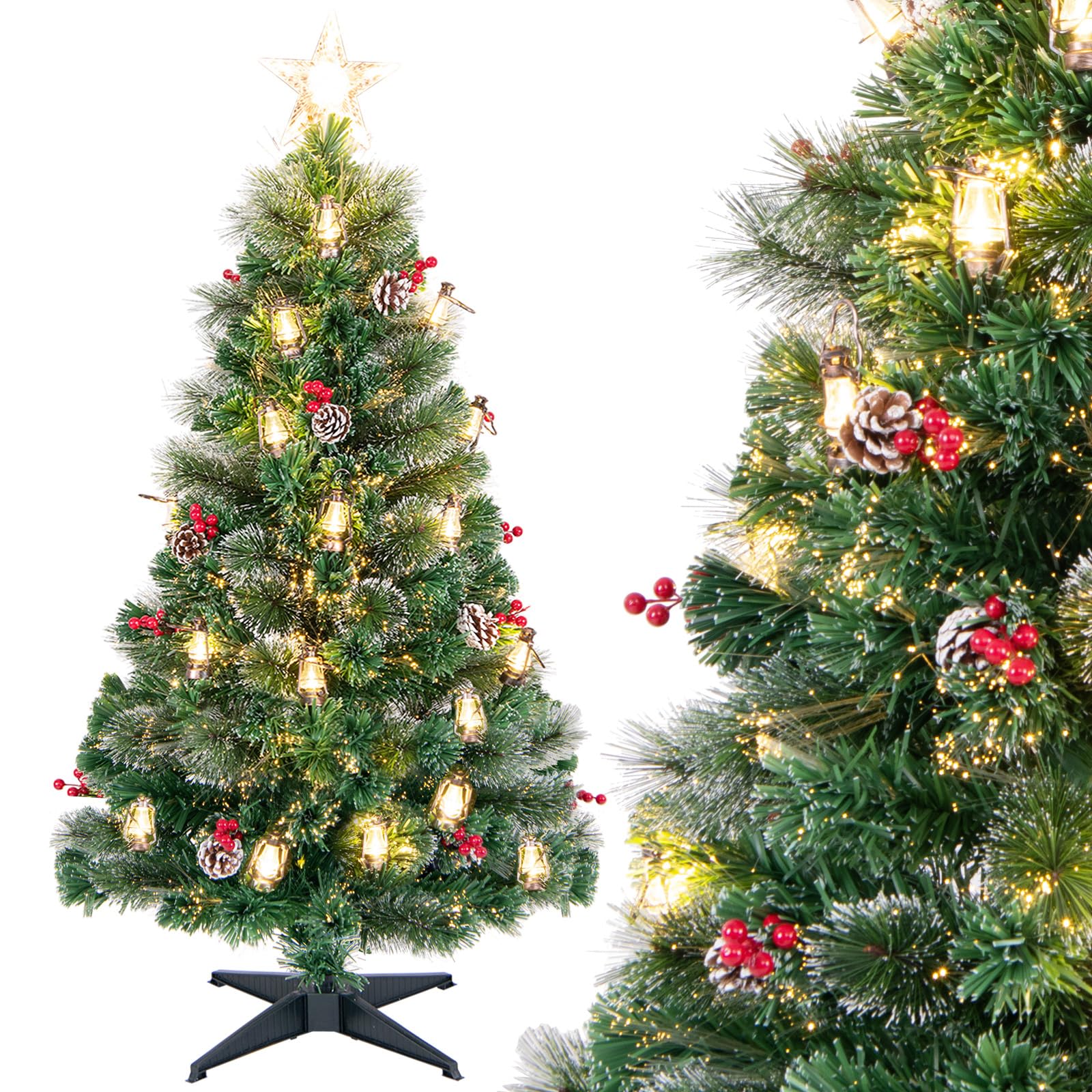 GYMAX Sapin de Noël Articiciel 150cm Lumineux, 49 Lumières LED, 8 Modes d'Éclairage, 2 Sections, Pommes de Pin Naturels et Baies Rouges,