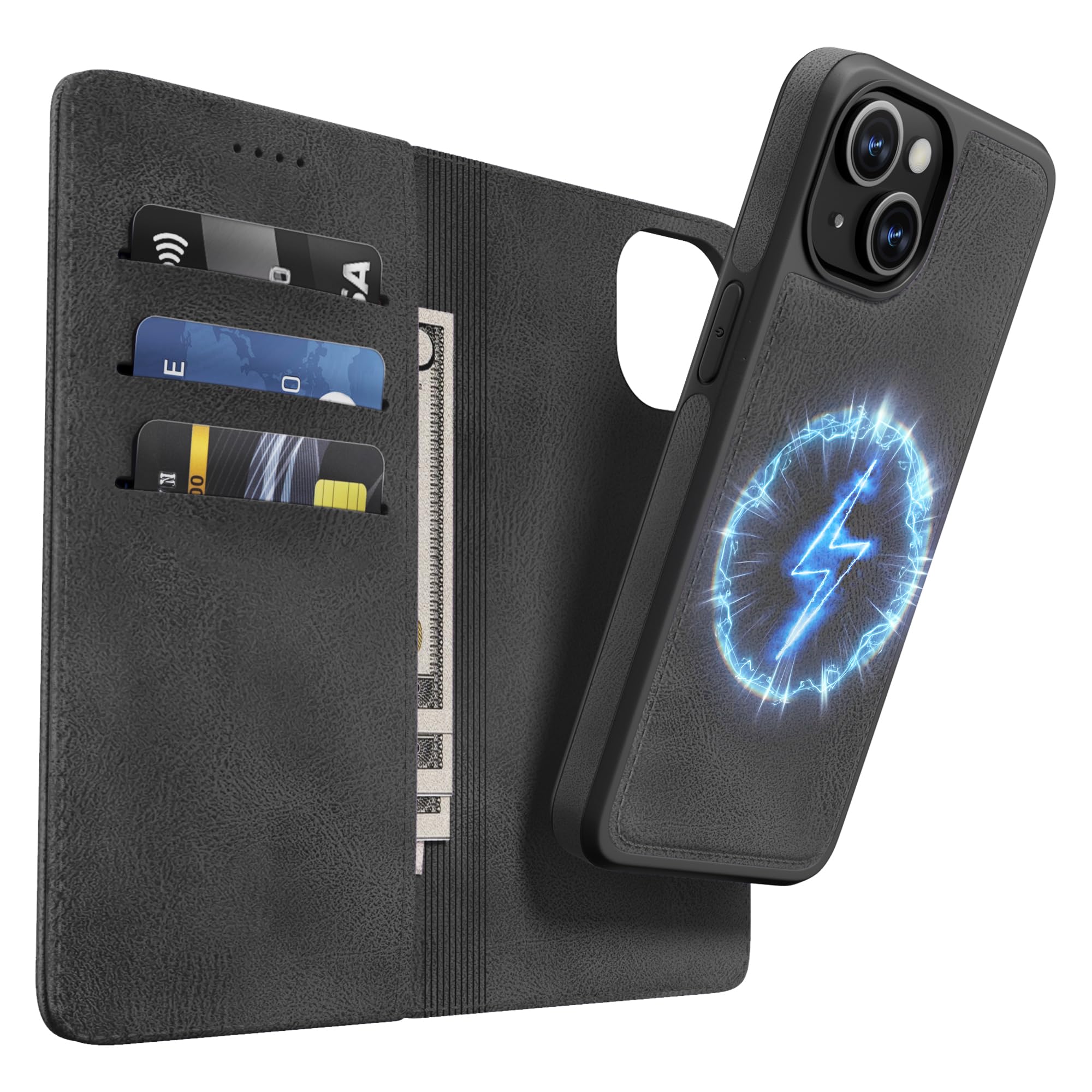 iPhone 15 Hülle,[2 in 1 Magnetisch Abnehmbar] Kabelloses Laden Kompatibel Stoßfest Schutzhülle Lederhülle Klapphülle Handyhülle für iPhone 15 - schwarz