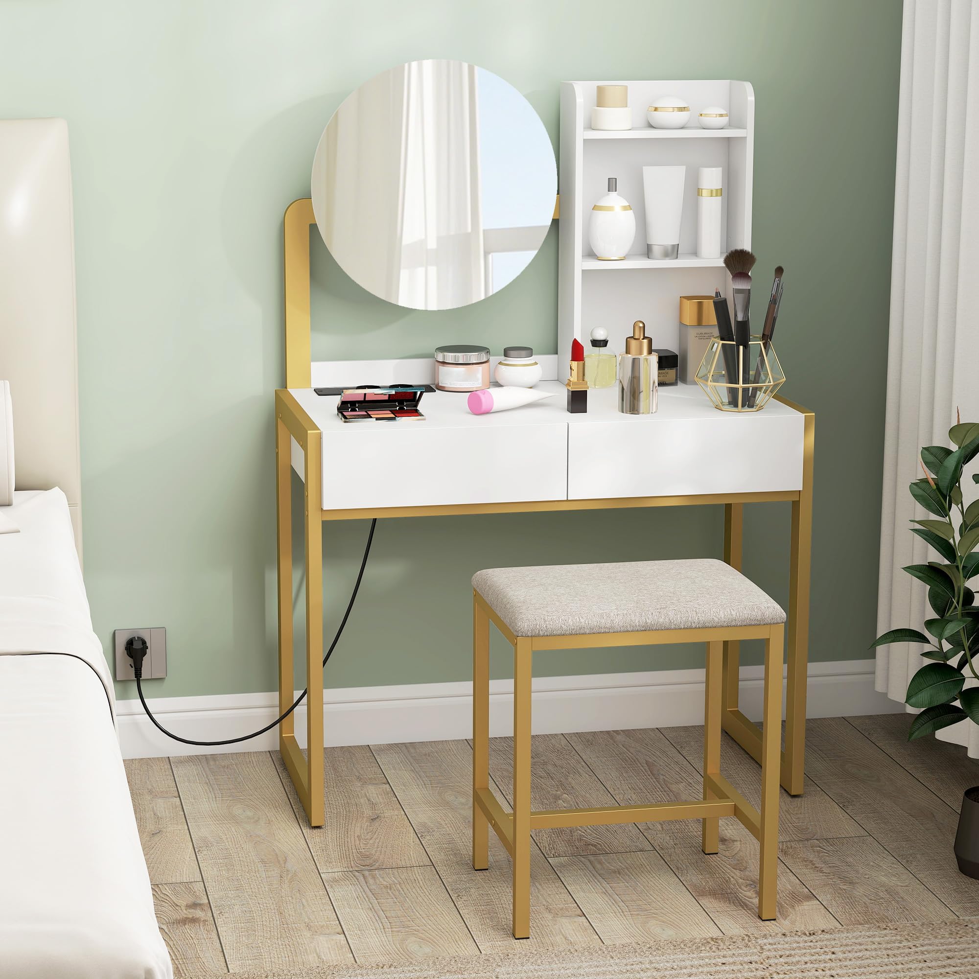 HOMCOM Tocador de Maquillaje con Espejo y Taburete Acolchado, Tocador con Estación de Carga, 2 Cajones, 3 Estantes Abiertos, Puerto USB, Estructura Metálica, para Dormitorio, Blanco