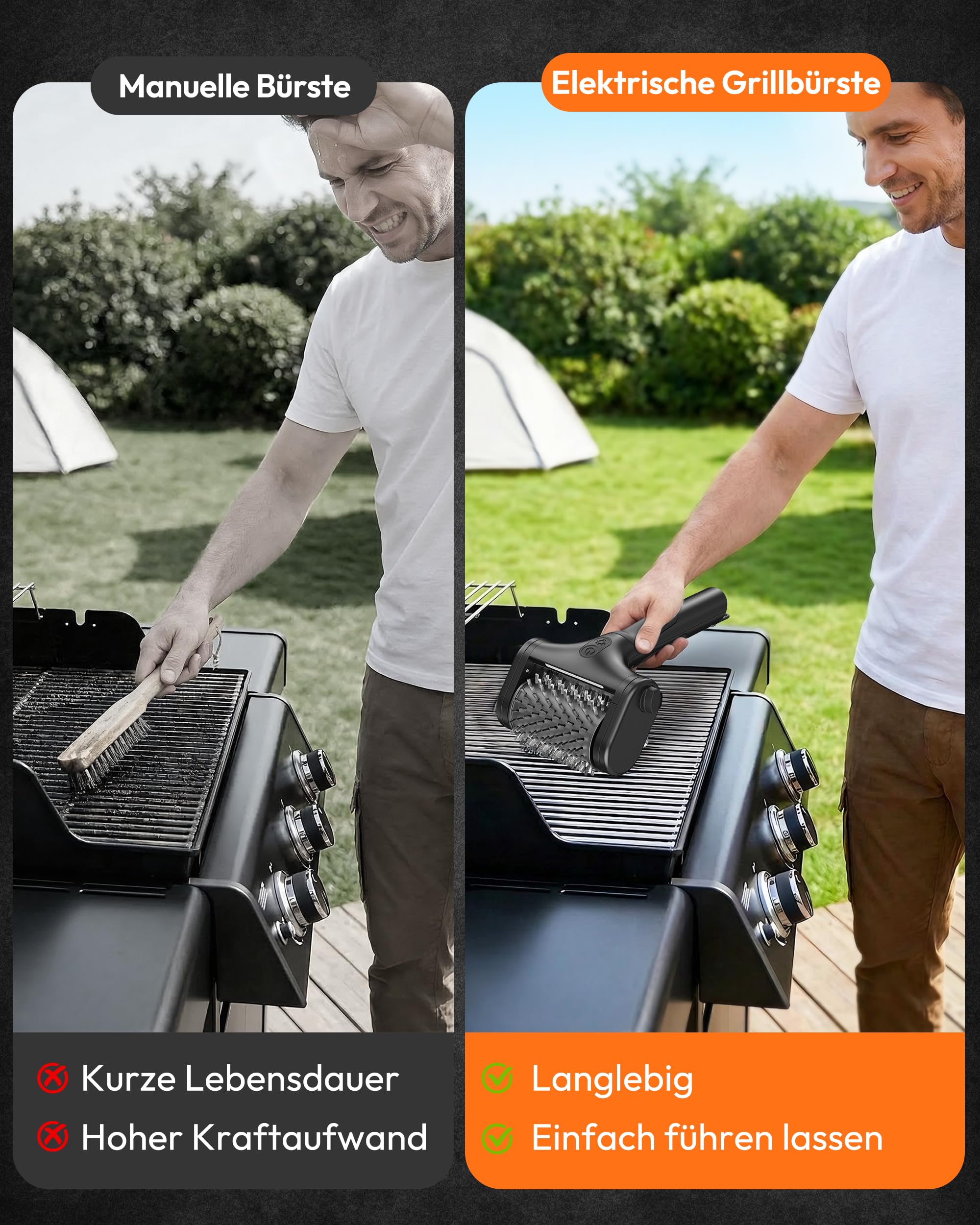 Elektrische Grillbürste Kabellos, 2 Geschwindigkeiten Grillreiniger | USB-C Wiederaufladbar 150 Min, Wasserdicht, LED Licht, Edelstahl-Bürste, Elektrischer Grillreiniger für BBQ & Grillrost