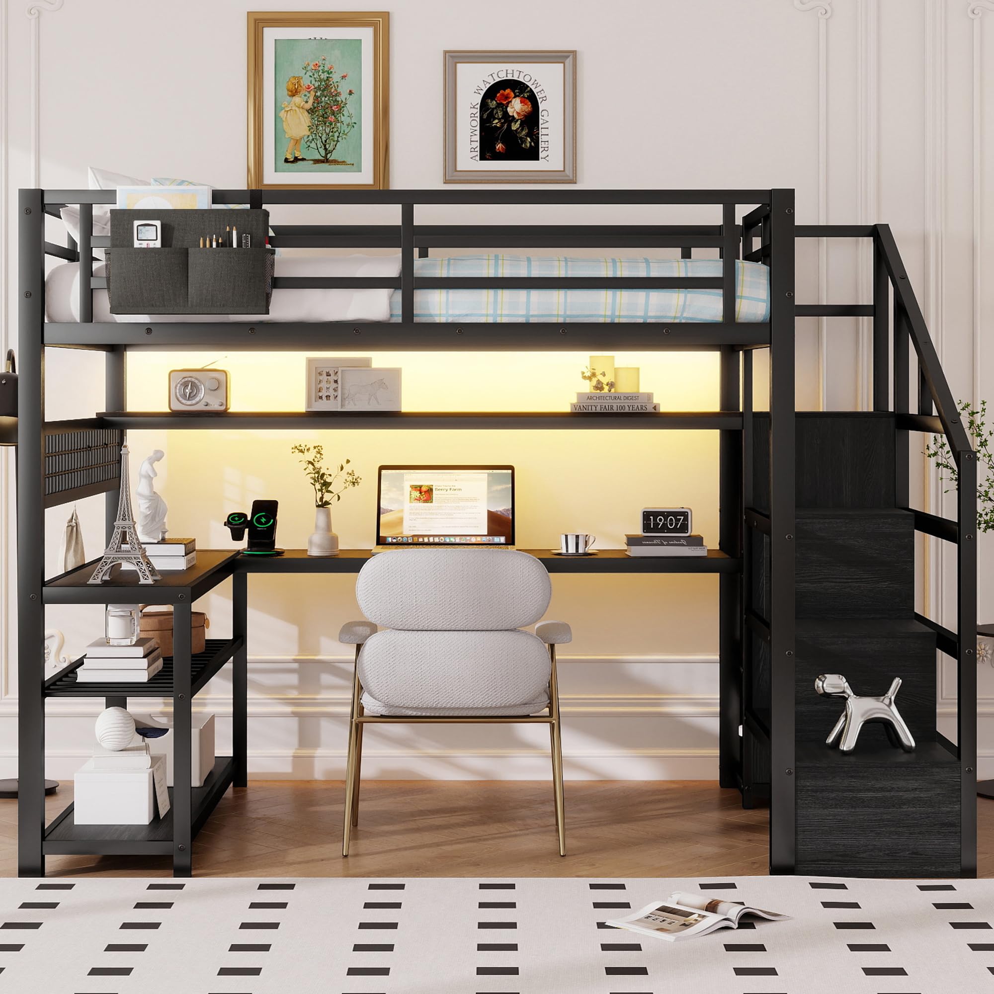 KEIKI Full Size Loft Bed with Storage Shelves & Wardrobe, Heavy Duty Tall Loft Beds Frame, Metal Loft Bed with Staircase, Desk, Lights and Charge