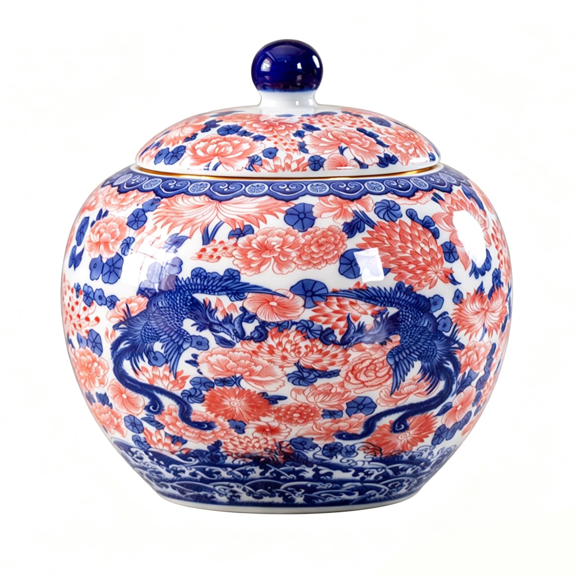 MMleYN Chinoiserie Enamel Ginger Jar With Airtight Twist Lid, Hand-Painted Round Ceramic Decorative Jar, Vintage Porcelain Food Canister For Loose Tea, Coffee Beans(C)