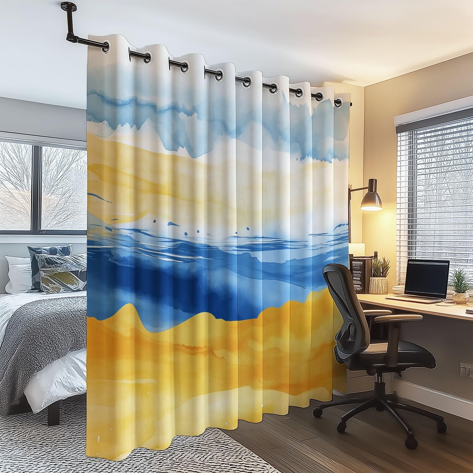 Moderne abstrakte Aquarell-Dekoration Vorhang 132 x 160 cm (B x H) Gelb-Blau Minimalistische Ästhetik Verdunkelungsvorhänge für Schlafzimmer Wohnzimmer Verdunkelnde Thermovorhänge, 2er Set