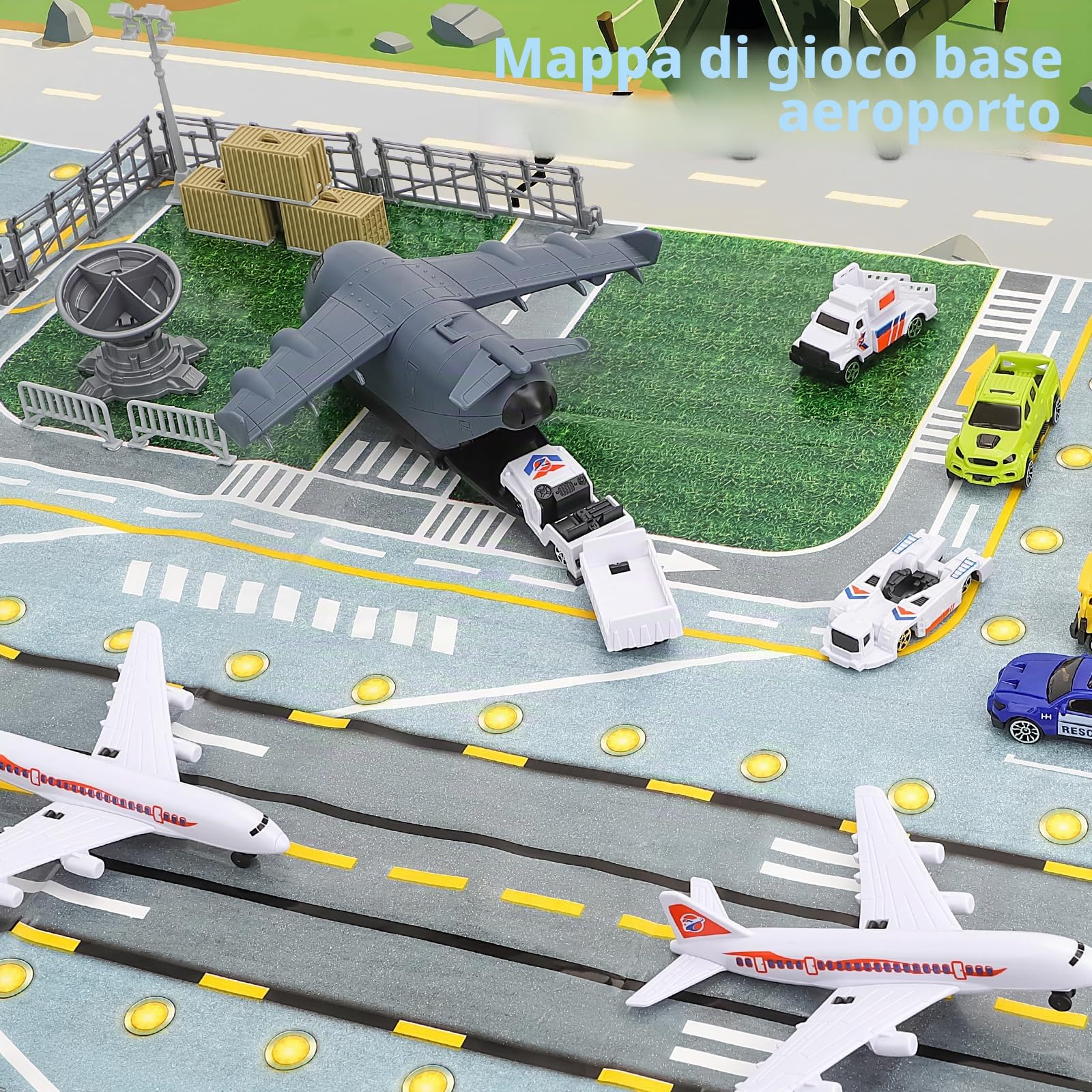 deAO City Aeroporto Giocattoli, Edificio del Terminal Aeroportuale, Torre Radar, 11 Mezzi di Trasporto: Carrelli Portabagagli, Veicoli della Polizia, Aereo di Linea, Posto di Blocco Stradale, 3 Anni+