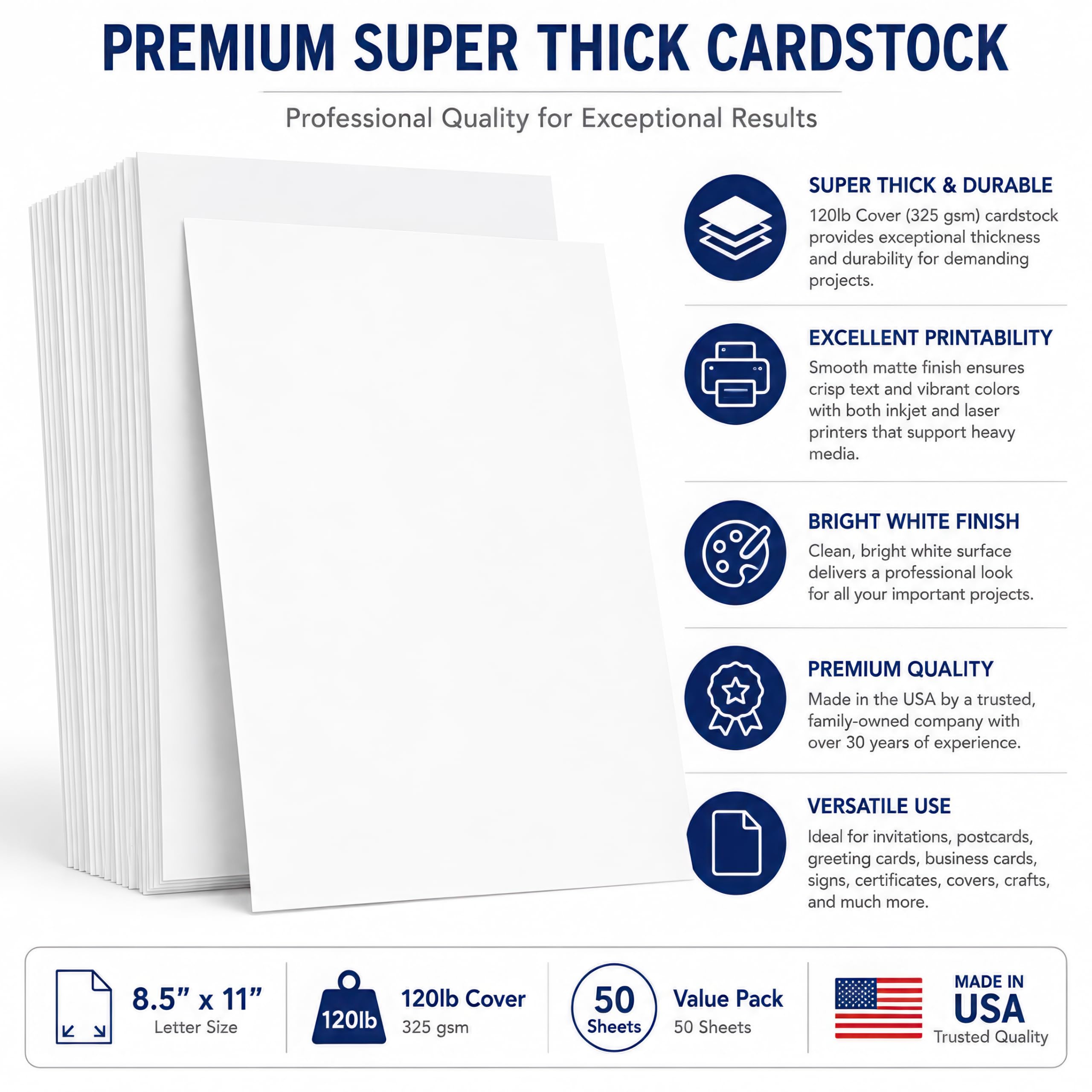 Kartonpapier, sehr dickes Karton, für Inkjet-/Laser-Drucker, Bastelpapier, 21,6 x 27,9 cm, Weiß 50 Sheets | Super dicker, bedruckbarer Karton für Einladungen, Postkarten, Visitenkarten und professionelle Druckprojekte
