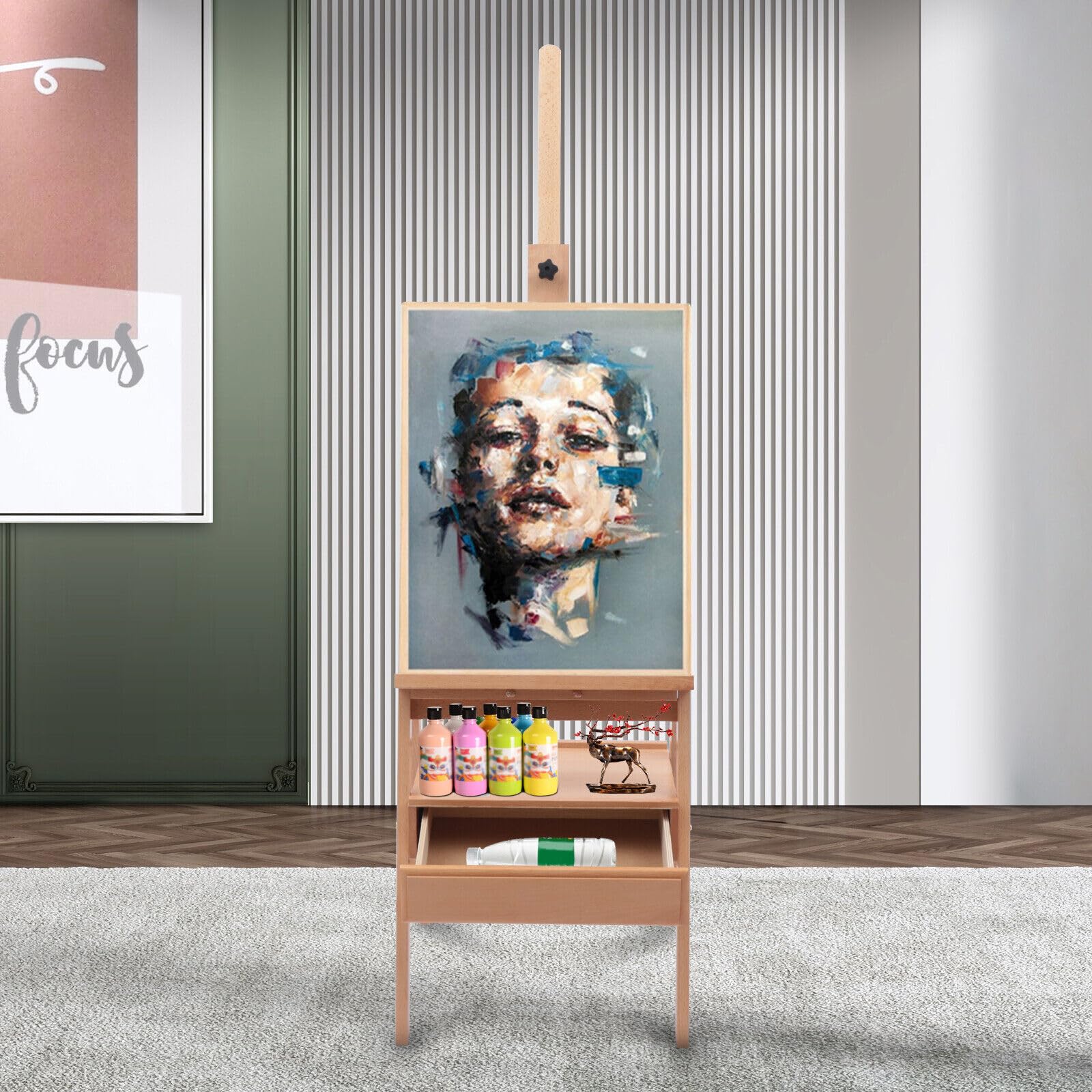 Atelierstaffelei Staffelei, staffeleien Holz Groß Atelierstaffelei staffeleien Dreifuss Stand Höhenverstellbar Feldstaffelei mit Schublade, Holzstaffelei für Kinder und Erwachsene Kiefernholz