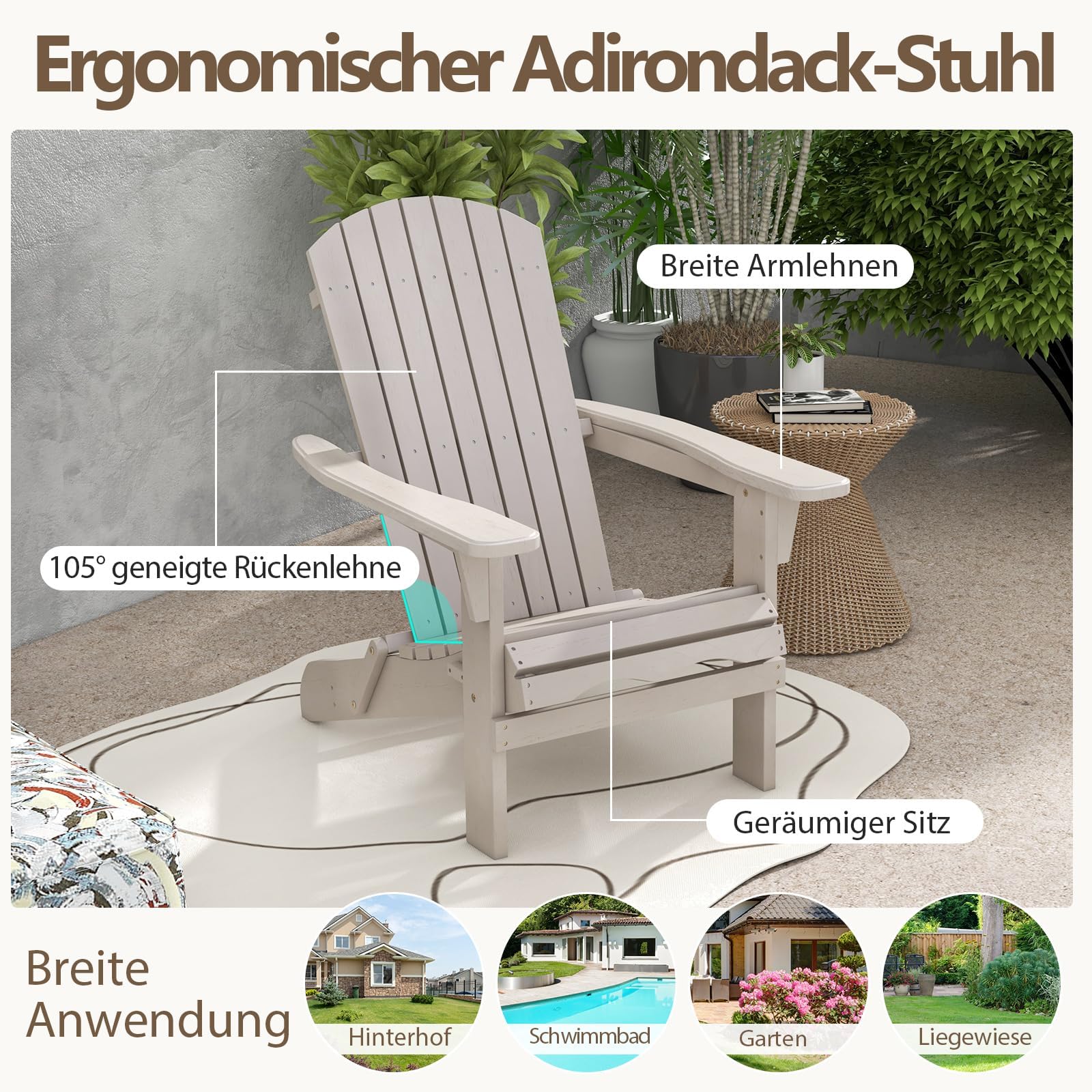 FANTASK 2er Set Adirondack-Stuhl von 51 x 46 cm, Gartensessel mit hoher Rückenlehne & Breiten Armlehnen, Chair aus Holz für Garten, Grau