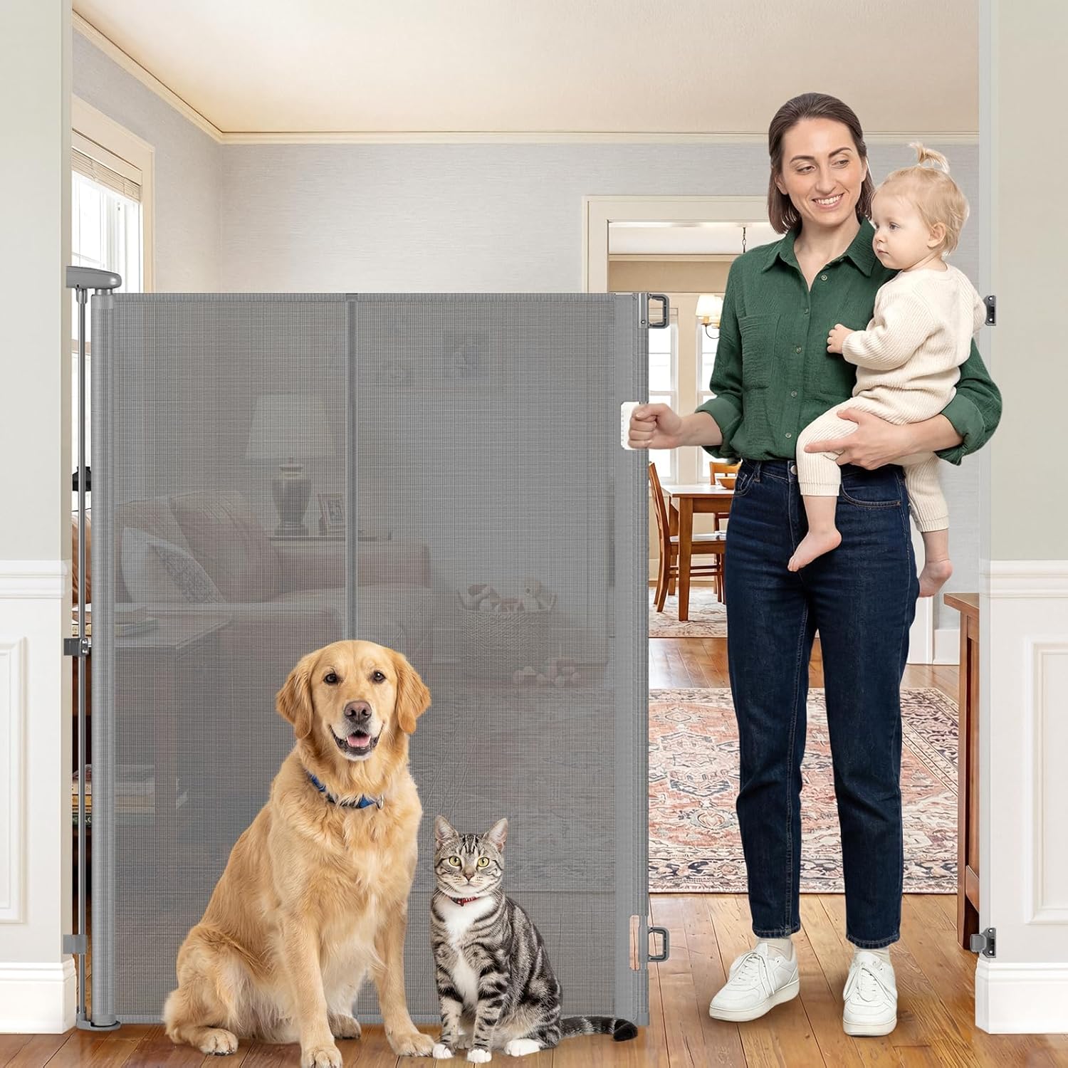 Reinforced 52" Extra Tall Pet Gate for Doorway, Jump-Resistant & Prevent Crawling Underneath Retractable Dog Gates Indoor, 0-55" W Retractable Baby Gate for Doorway, Safety Extra Tall Cat Gate, Gray
