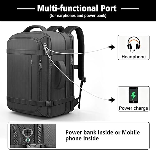 Miniatura 4 de Mochila de viaje, mochila extragrande expandible de 50 L, para laptop de 17.3 pulgadas, resistente al agua, puerto de auriculares, mochila de