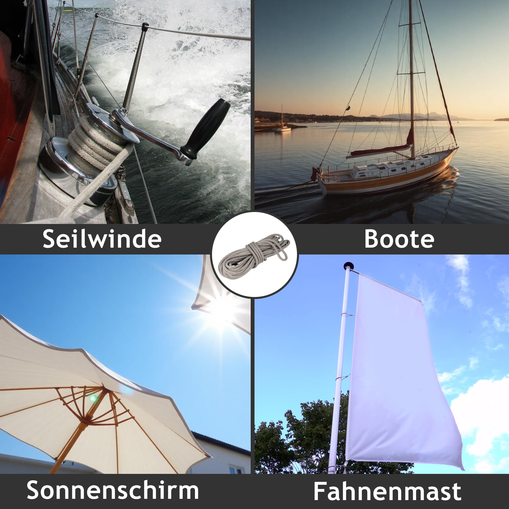16m Tauwerk, Ø 6mm Seil für Sonnensegel aus Polyester Silber-grau | für Flaschenzug, Umlenkrolle, Seilzug & Boote, 800kg Reißlast & Bruchlast 1050 daN (Tauwerk + 4 Seilklemmen)