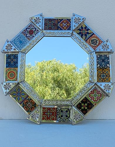 15" PUNCHED TIN MIRROR octagonal mixed talavera tiles mexican folk art