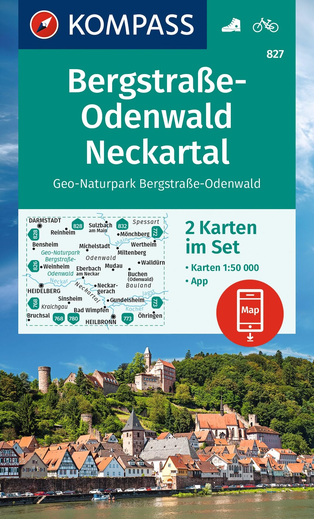 Bergstrasse-Odenwald / Neckartal 2-set + APP (827): inklusive Karte zur offline Verwendung in der KOMPASS-App. Fahrradfahren.