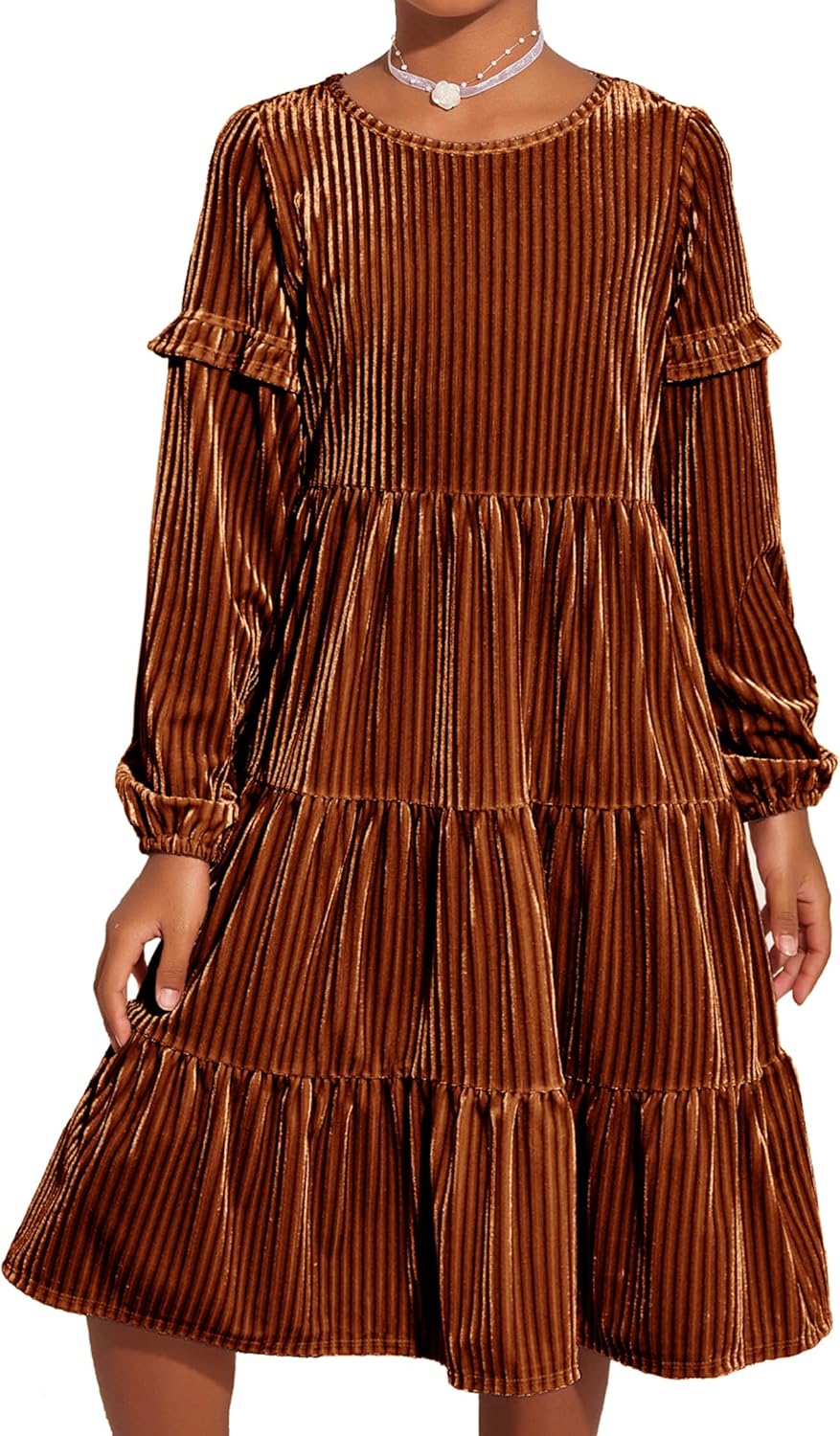 Arshiner Girls Velvet Tiered Dress Long Sleeve Crew Neck Elegant Tween Twirly Dresses for 6-13 Years