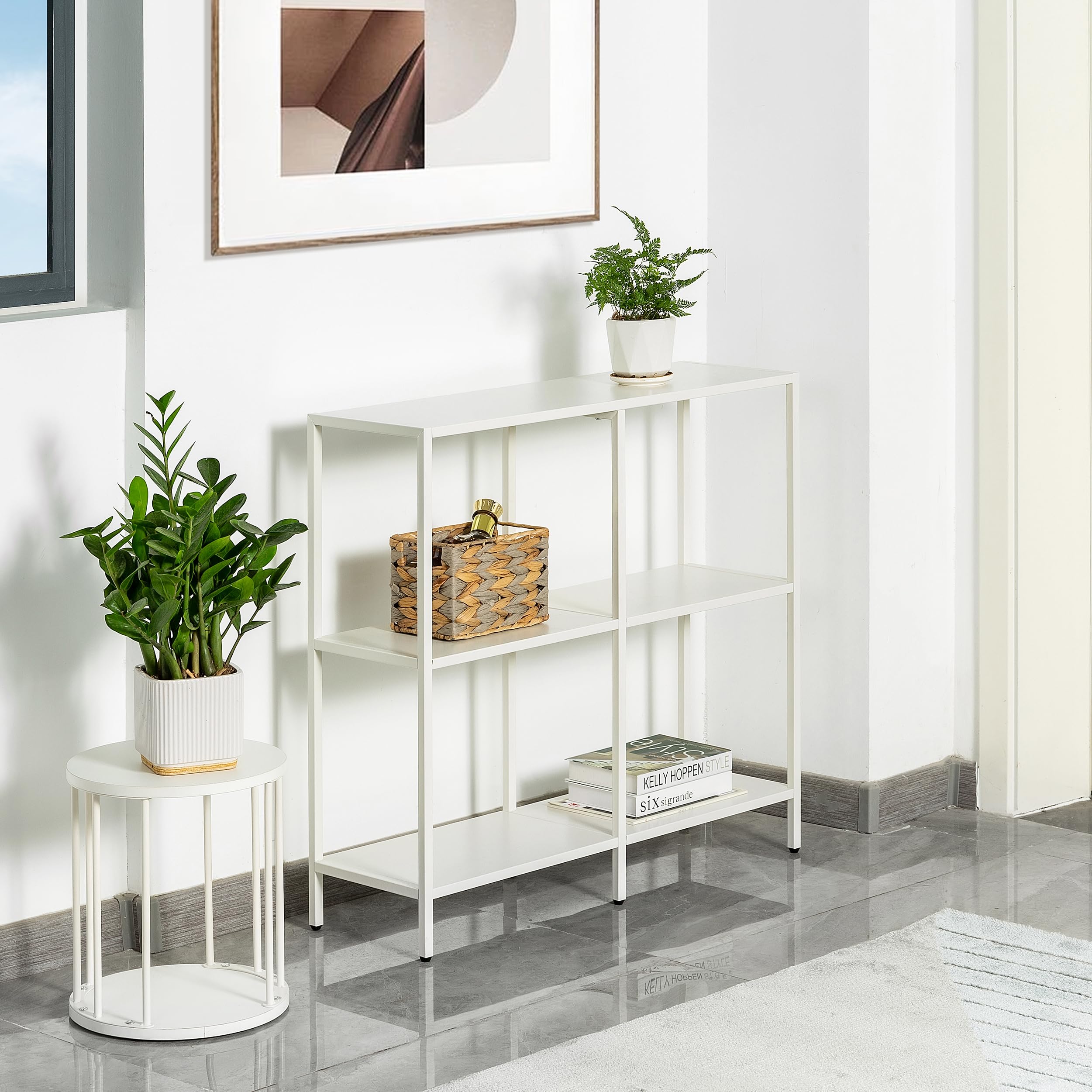 HDANI Table Console en Métal 80cm avec 3 étagères de Rangement,Petite Table de canapé,Table Console étroite,Style Moderne,Adaptée à l'entrée de la Table du Salon,Chambre à Coucher,Blanc