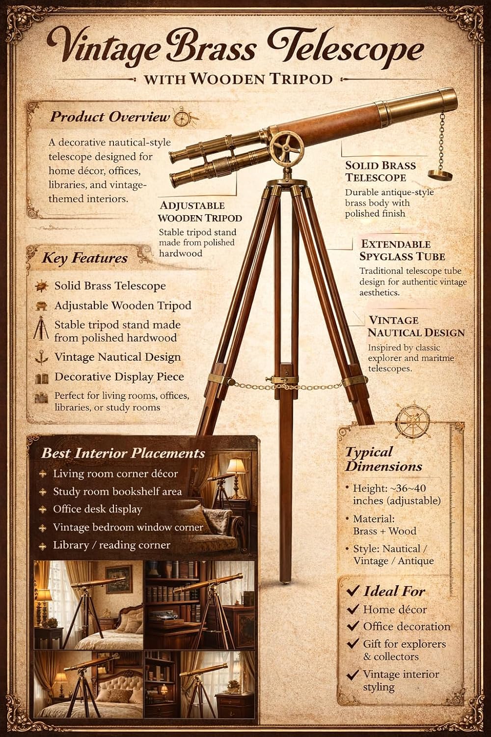 Nautical Floor Standing Telescope Brown Leather Wrapped Double Barrel Brass with Wooden Tripod Display