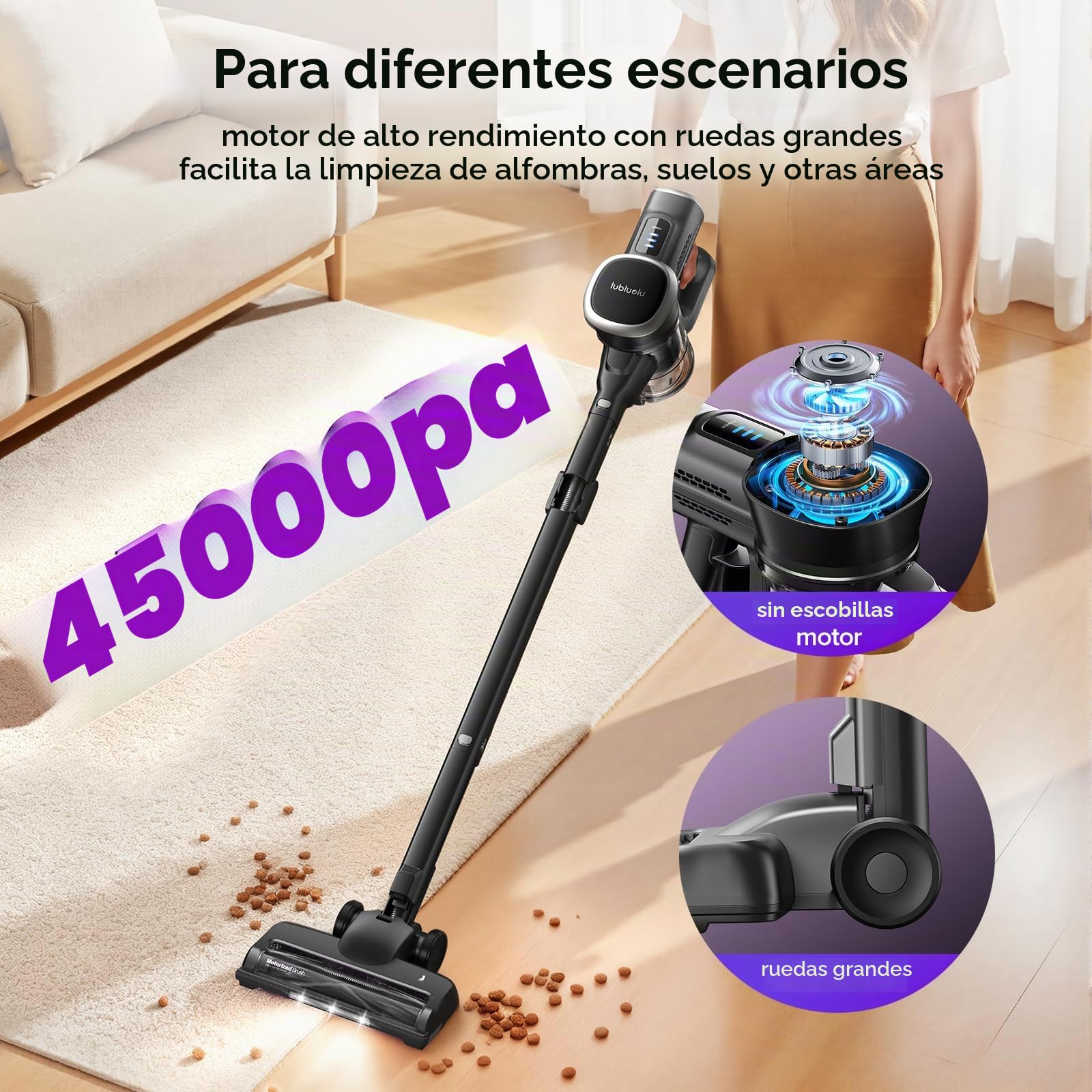 Lubluelu Aspiradora inalámbrica con batería, potencia de succión inalámbrica, aspiradora de 25,9 V, con batería independiente, 50 min, 120.000 rpm, aspiradora inalámbrica para pelo de animales