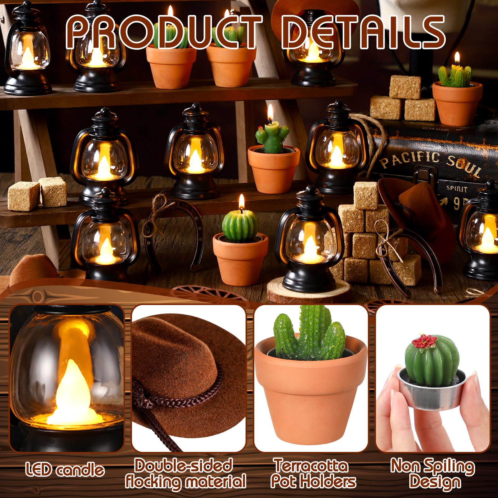 Ferraycle 128 pezzi decorazione per feste a tema occidentale centrotavola mini cappelli da cowboy lanterna con candela LED, lumini cactus, ferro di cavallo, ruota di carro, balle di fieno, corda per
