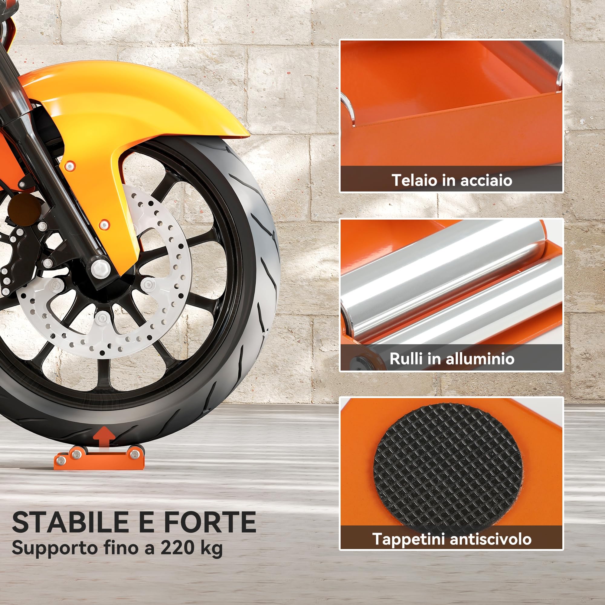 HOMCOM Cavalletto Alzamoto con Capacità di 220 kg, Supporto per Moto con Sostegno Antiscivolo e 3 Rulli, Rullo per Pulizia Ruote Moto in Acciaio e Alluminio per Garage e Officina, Arancione