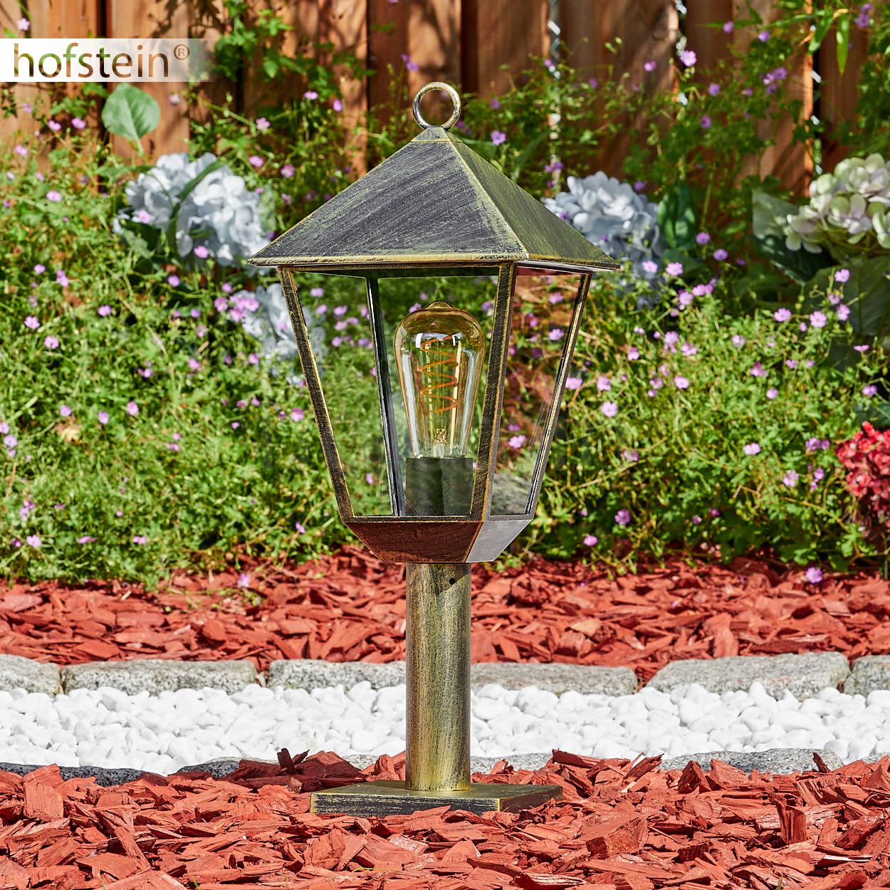 HOFSTEIN Lampa zewnętrzna Anfei, lampa cokołowa z metalu/szkła w kolorze brązowo-złotym/przezroczystym, oświetlenie ścieżki o antycznym wyglądzie, wysokość 50 cm, oświetlenie ogrodowe IP44, 1 x E27,