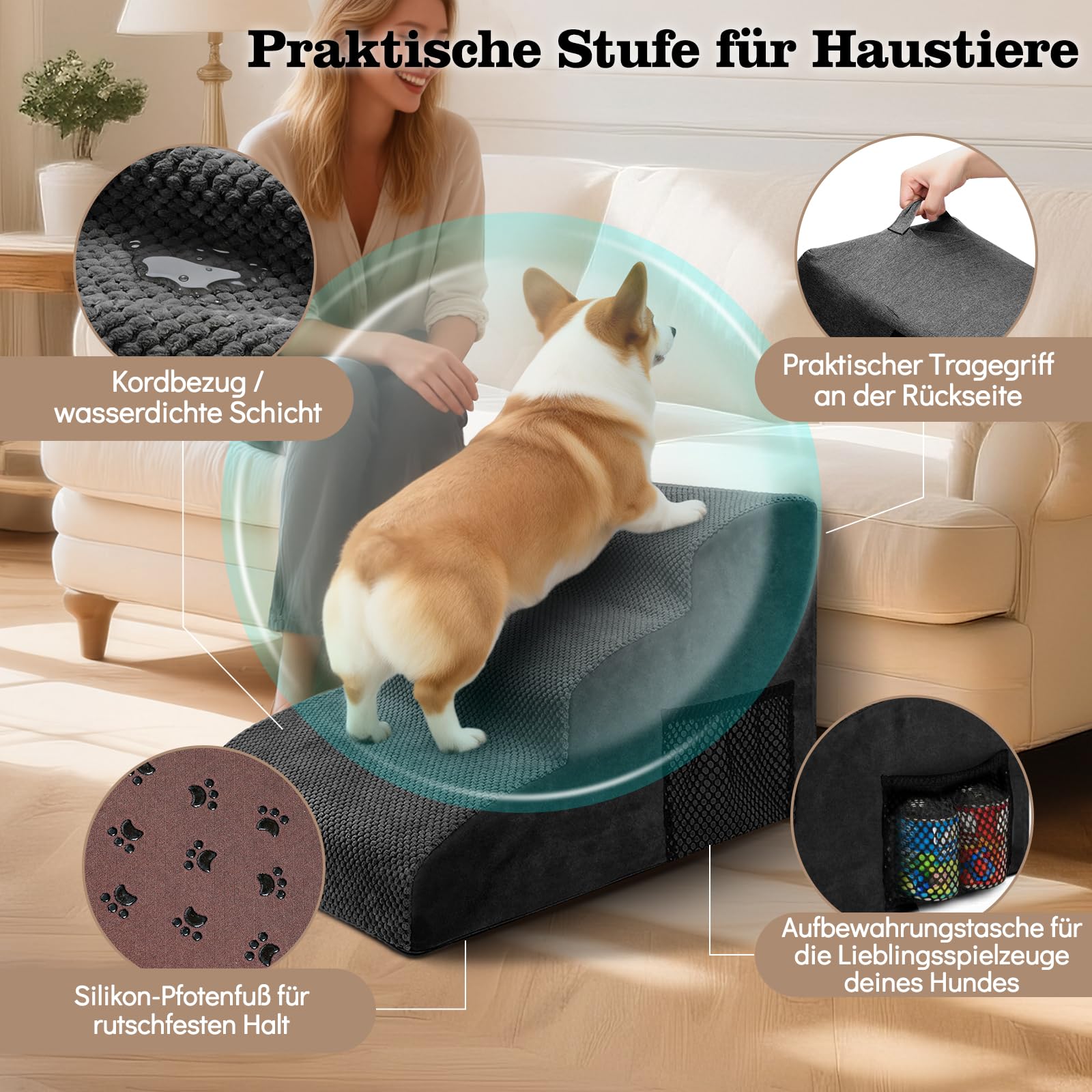 MASTERTOP Hundetreppe für kleine Hunde, Hundetreppe 3 Stufen aus Hochdichter Schwamm, rutschfest Tragbar Hunderampe Katzentreppe mit Tragegriff und Aufbewahrungstasche für Sofa Betten(Schwarz)