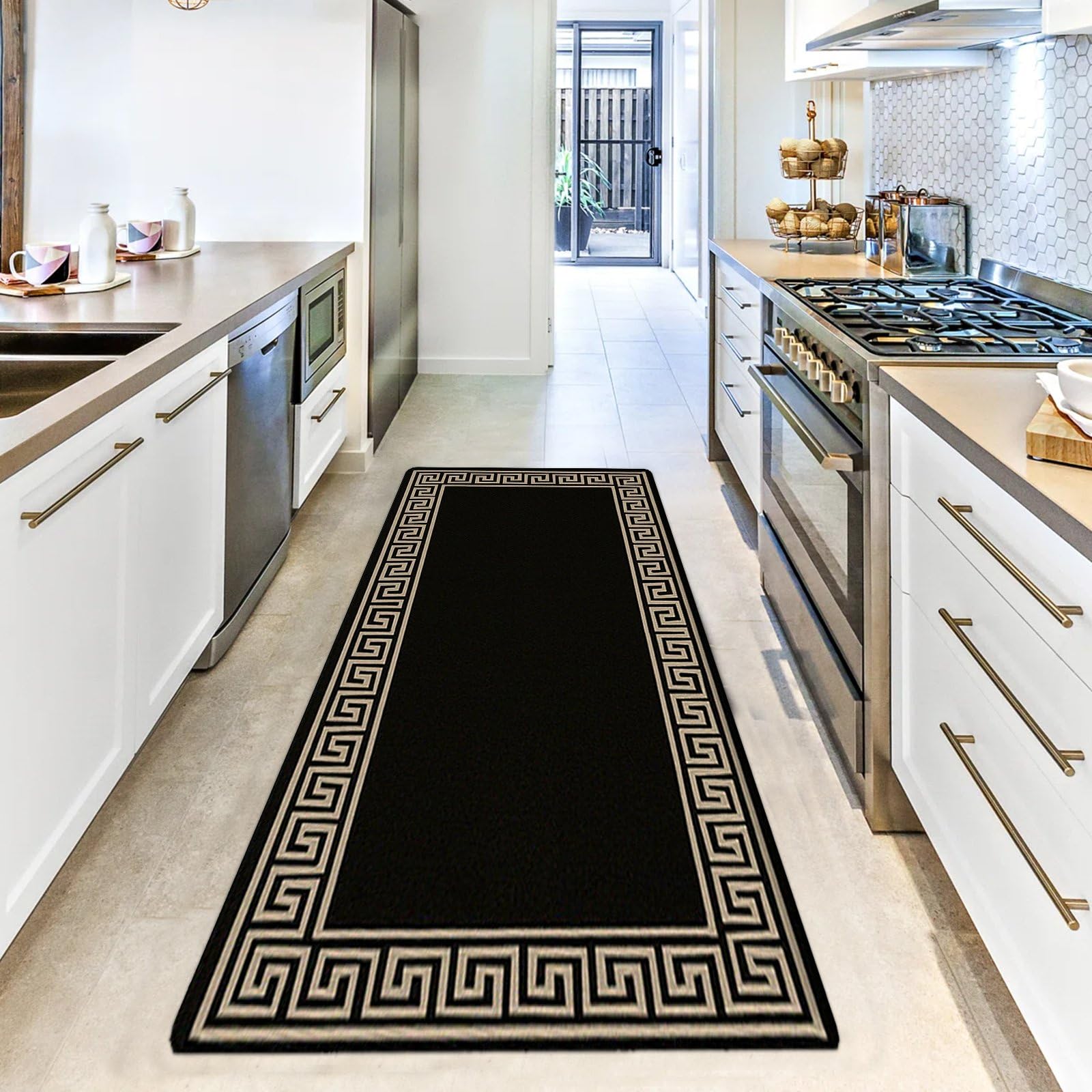 renoazul® Hallway Runner Rug - Non Slip Carpet Runner for Kitchen, Hall and Entrance - Washable Anti Fatigue Mat 66 x 220 cm - Greeky - Black and Beige Rug