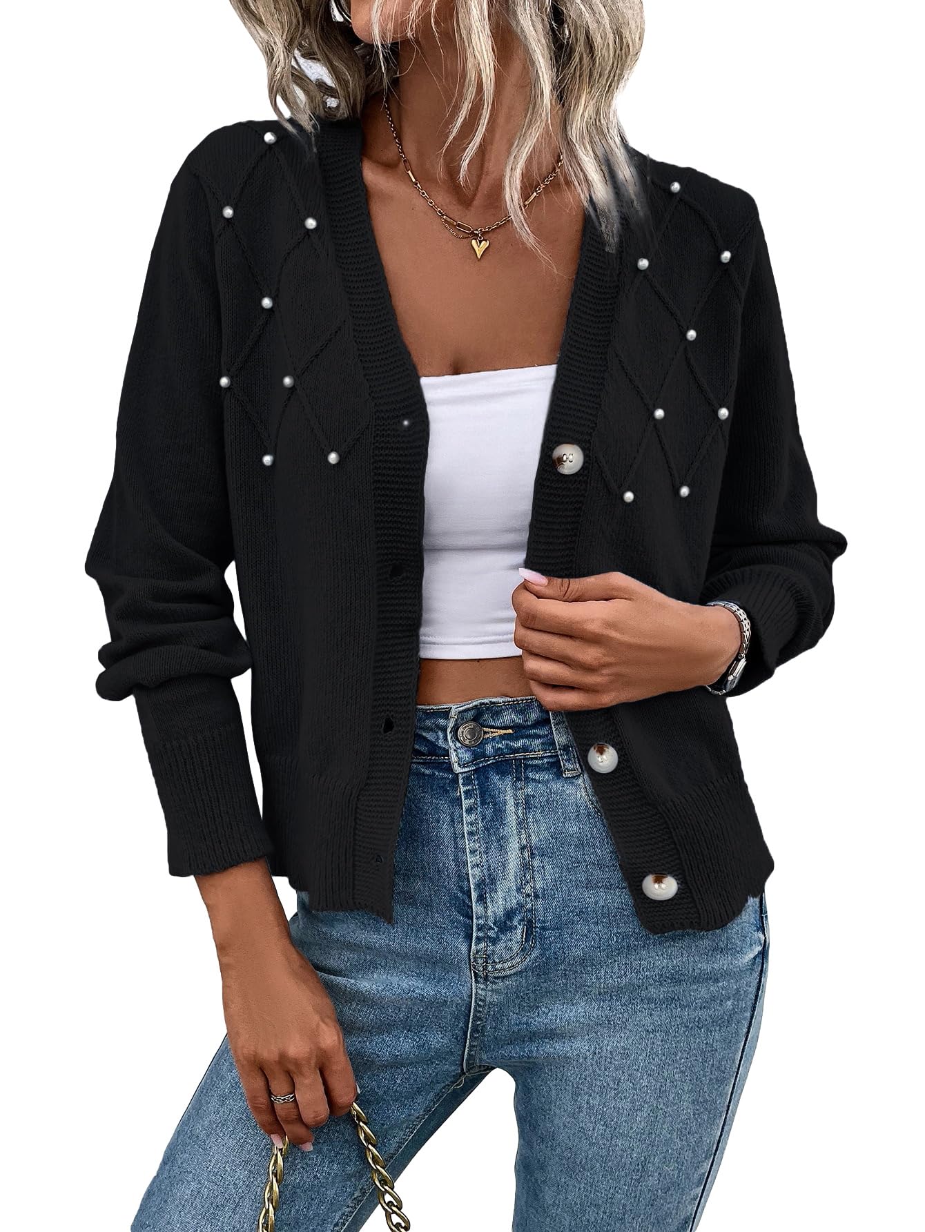 SHENHE Womens Button Up Cardigan Pearl Beaded V Neck Dressy Fall Knit Cardgian Sweater