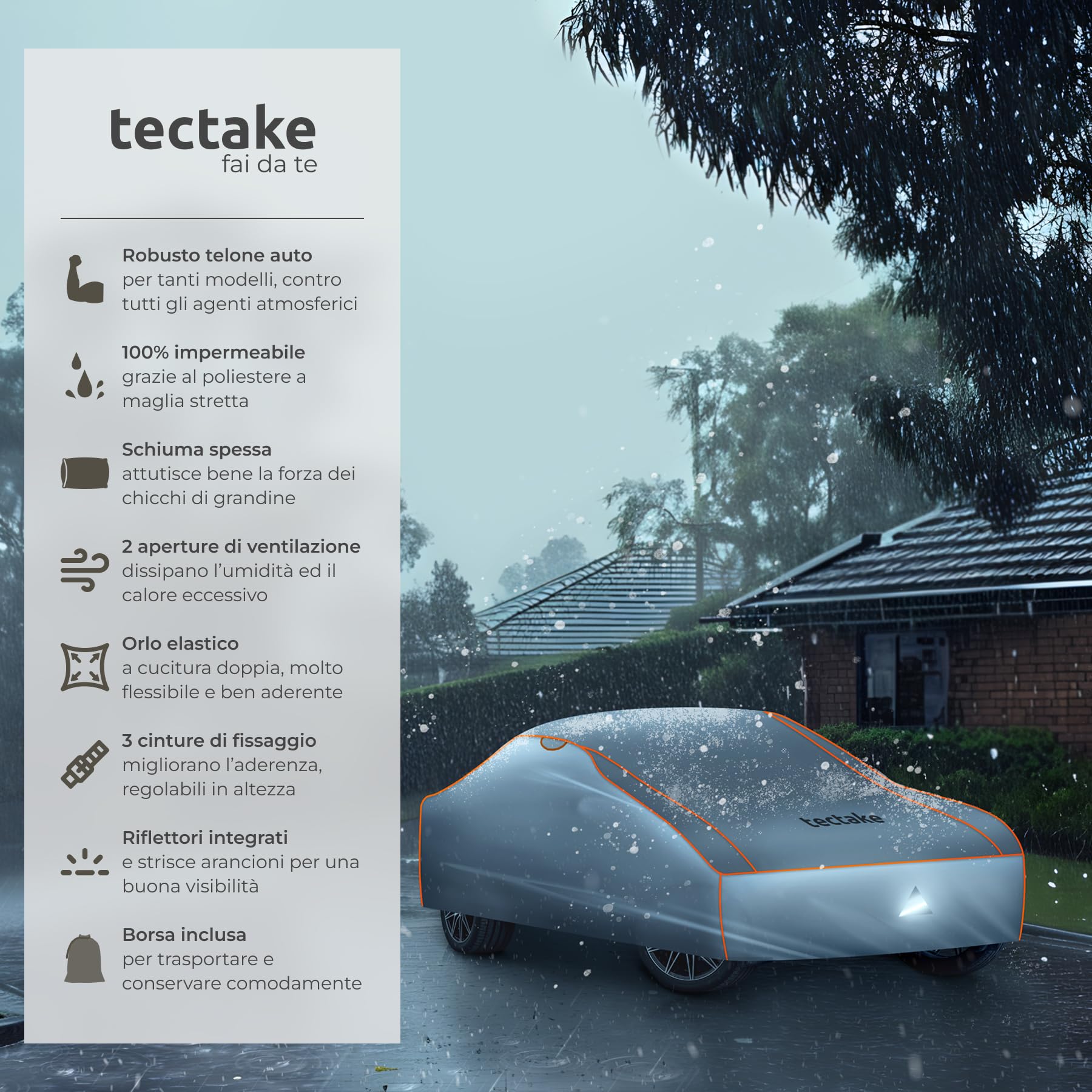tectake® Copriauto Antigrandine Impermeabile, Traspirante per Auto, Protezione Ottimale da Pioggia e Grandine, Strato in Gommapiuma 4 mm, Orlo Elastico a Cucitura Doppia - M (431 x 165 x 120 cm) - 2