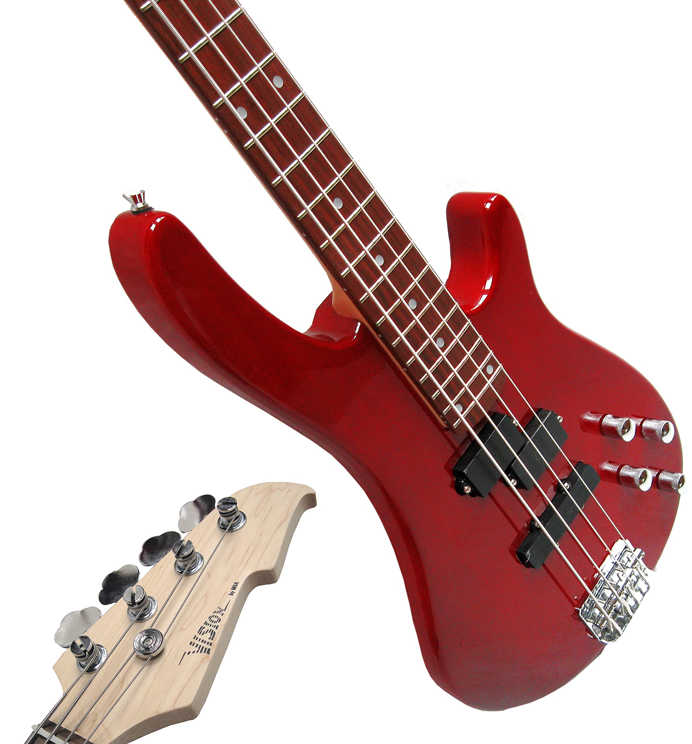 ELEKTROBASS - SET - ROT TRANSPARENT - E-BASS - GIGBAG-TASCHE - GURT - VERSTÄRKER 45 WATT - STIMMGERÄT - 3x PLEKTREN - KABEL - VISION SOUND GITARRE - LONG SCALE - JB8RT