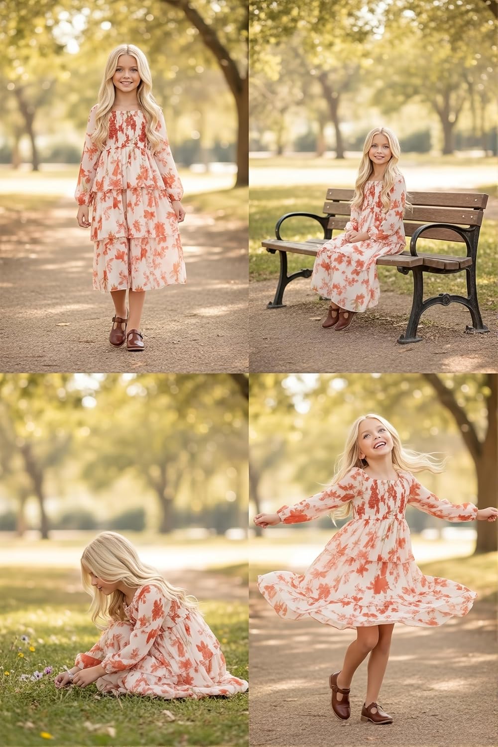 IFFEI Girls Dresses Smocked Long Sleeve Floral Casual Tiered Midi Dresses for Holiday Party 6-15Y - Image 6