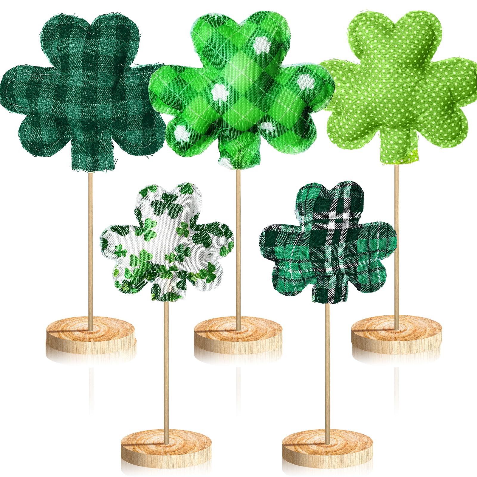 5 Pcs St Patrick's Day Table Wood Sign Fabric Shamrock Tabletop Standing Decor Irish Block 3D Rustic Freestanding Table Centerpiece for Wedding Party Farmhouse Fireplace Mantel(Shamrock)
