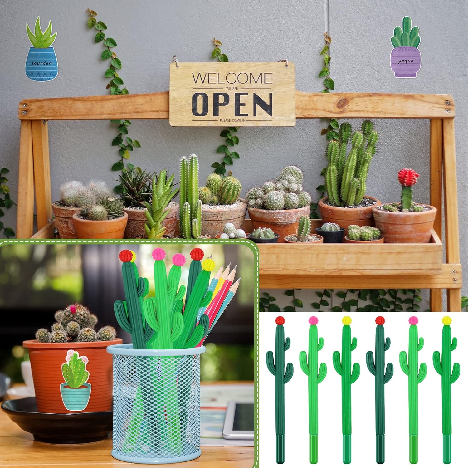 24 Pcs Cactus Sticky Notes with Cactus Pen Sets Cute Notepads Gifts Cacti Notepads Succulent Pen Self Adhesive Note Pads for Xmas School Supply