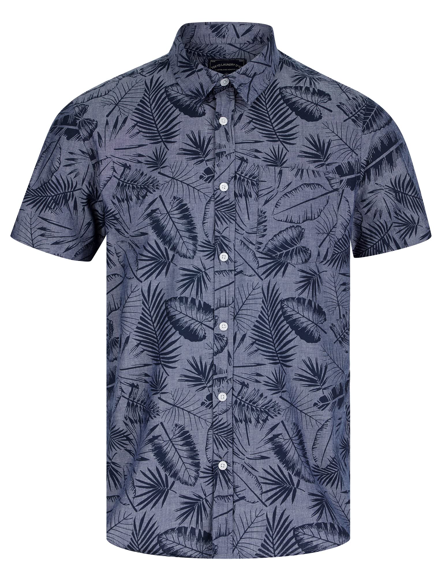 Tokyo Laundry Men's Kaveri Palm Leaf Print Short Sleeve Cotton Chambray Shirt