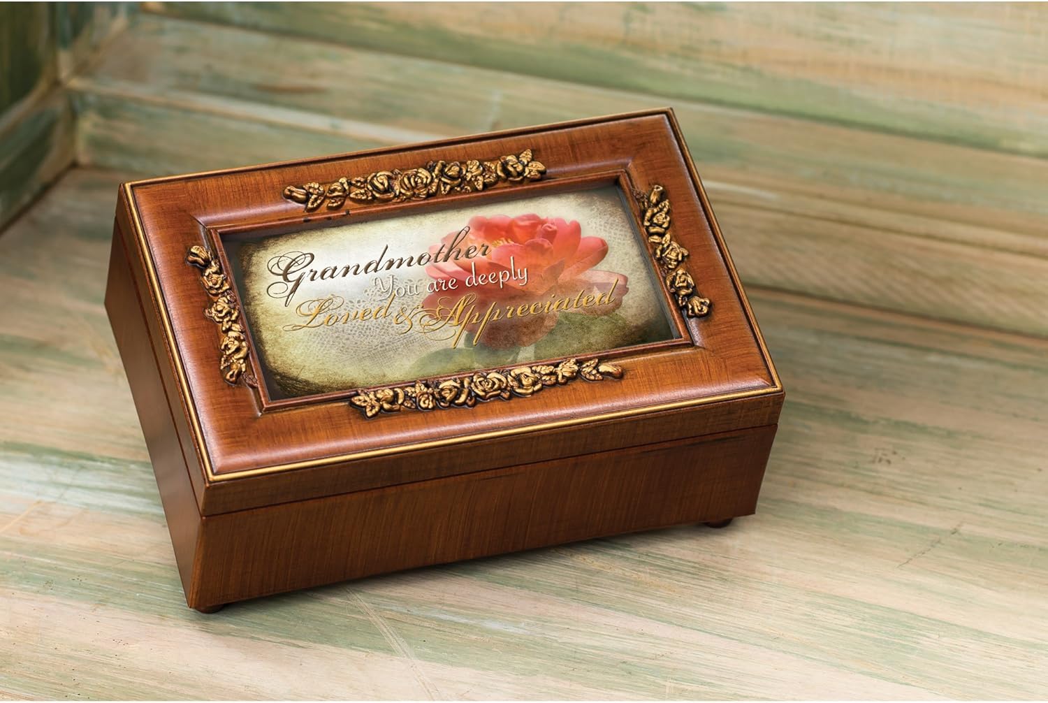 Cottage Garden Grandmother You are Deeply Loved Woodgrain Embossed Jewelry Music Box Plays Wonderful World