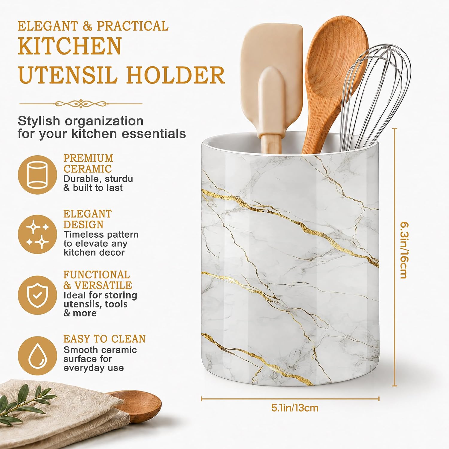 Marble Kitchen Utensil Holder,White Gold Marble Large Ceramic Utensil Crock Organizer for Spatulas,Spoons and Cooking Tools,Kitchen,Home Decoration 6.3"