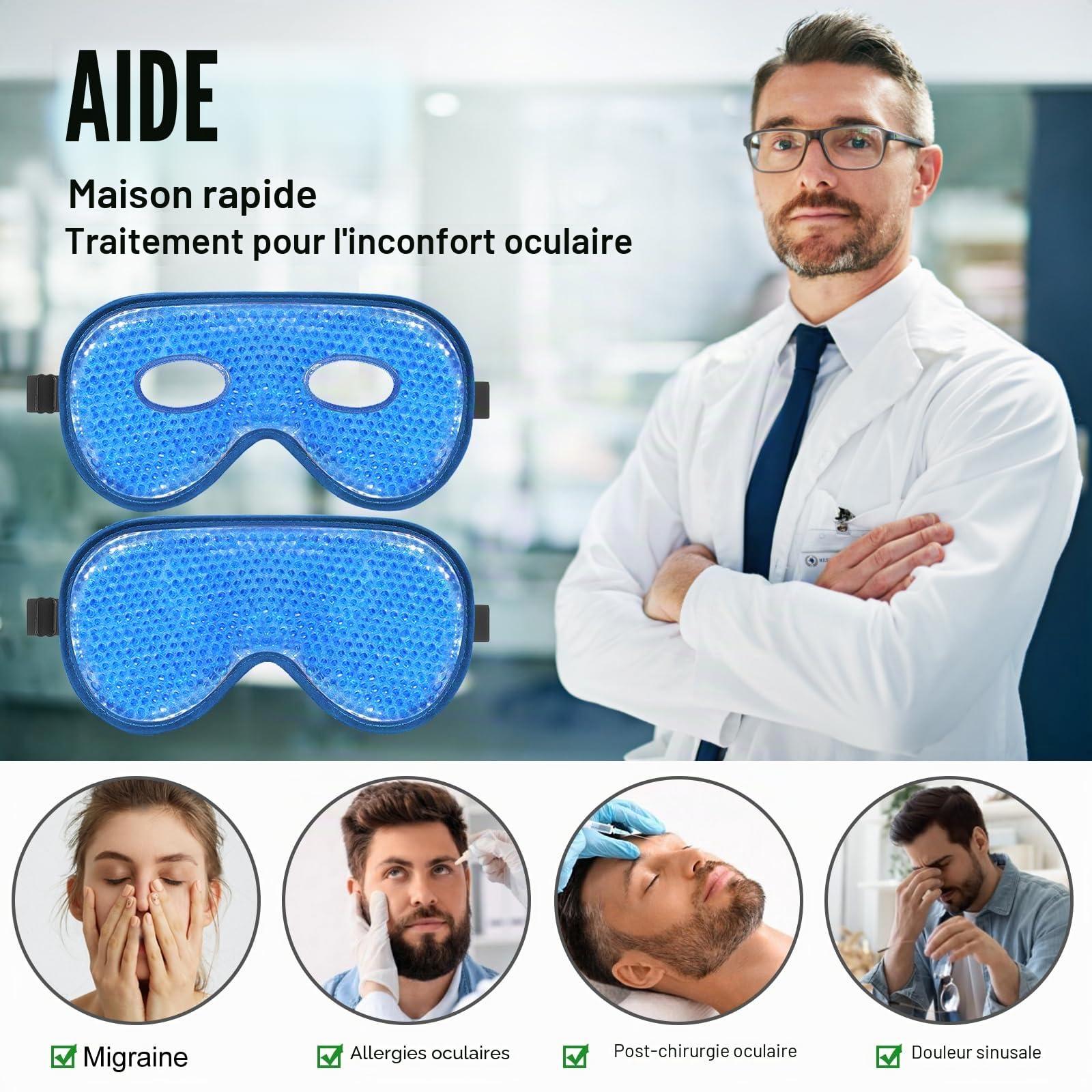 BeeVines Lot de 2 masques glacés en gel rafraîchissant pour yeux gonflés pour homme et femme, compression froide et chaude pour post-chirurgie, gonflements, allergies et migraines