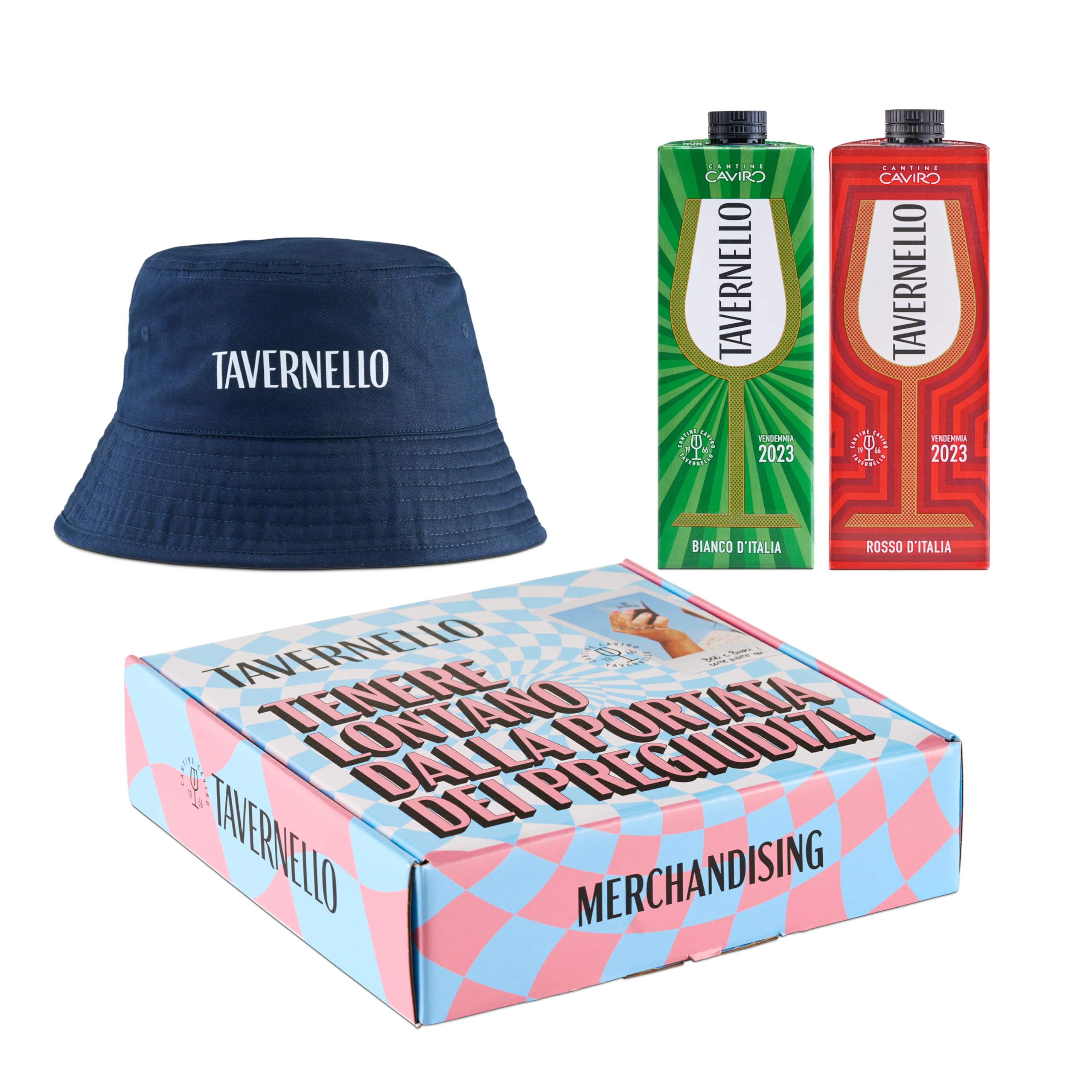 Tavernello Merchandising Cofanetto con Cappellino Pescatore Tavernello colore Blu, Vino Rosso d'Italia in Brick 1L, Vino Bianco d'Italia in Brick 1L, Merch e Vino Confezione Regalo Cappellino Navy