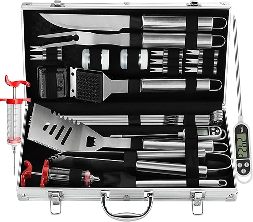 Miniatura 18 de Grilljoy Juego de 24 herramientas para parrilla de barbacoa con termómetro de carne e inyector, tenedor de acero inoxidable extragrueso, espátula