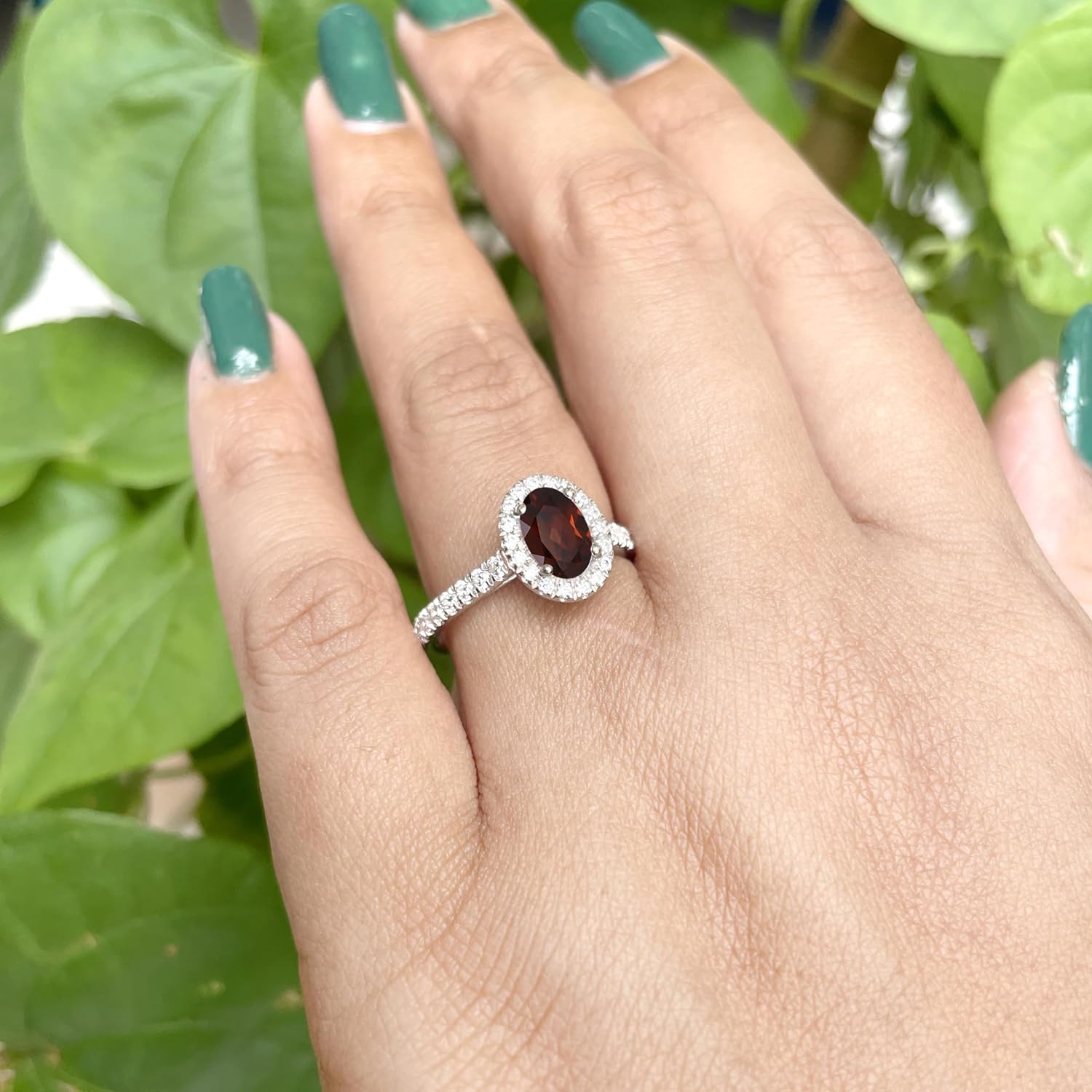 1.00 Carat Oval Cut Garnet & Diamond Halo Engagement Ring For Women, 14K Gold Plated 925 Silver January Birthstone Garnet Bridal Side Stone Ring