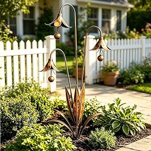 Flamed Copper Three Calla Lilies Garden Stake with Bells, 24in Rain Catcher Flower Handmade Metal Yard Art Sculpture, Rustic Outdoor Wind Chime Ornament for Patio Pathway Decor