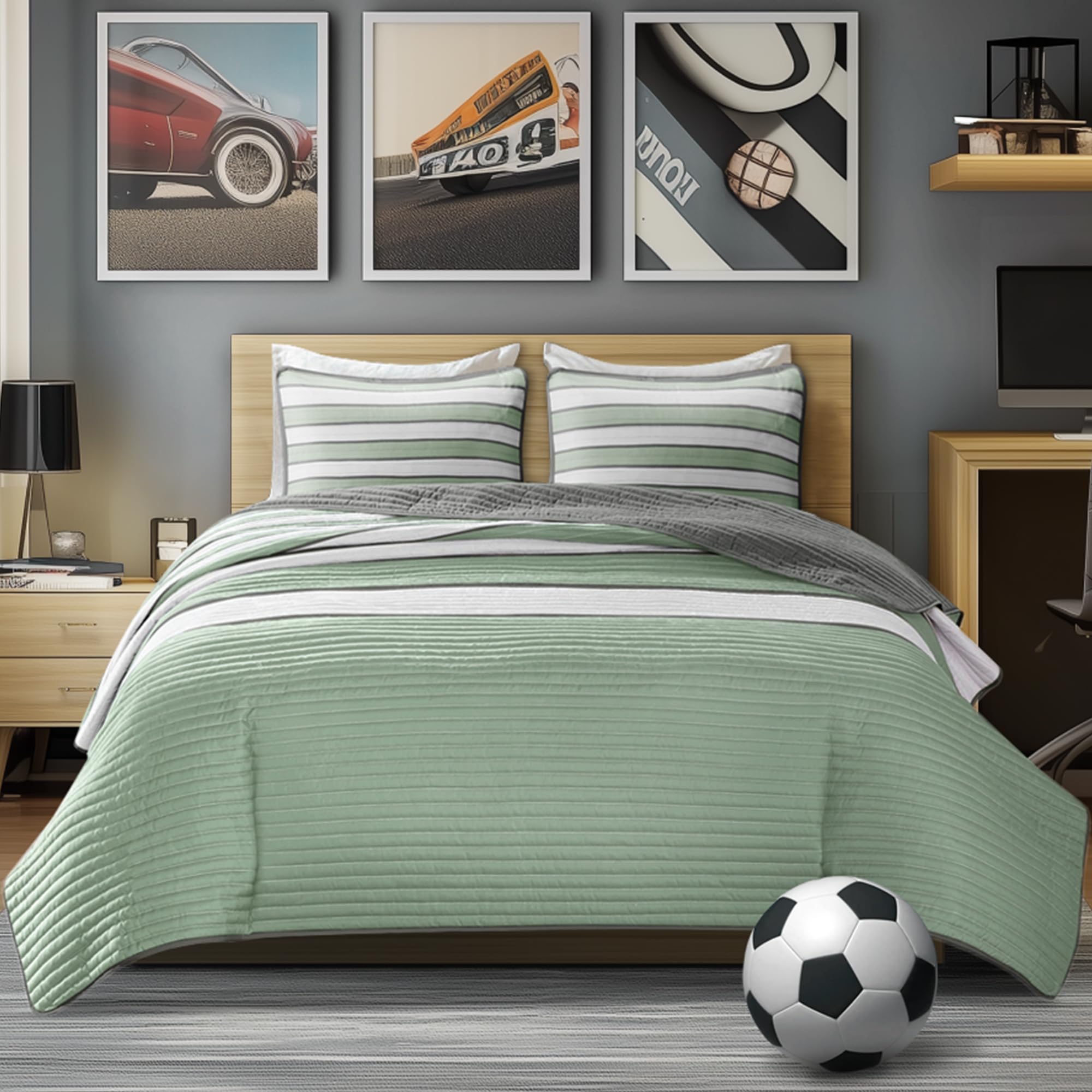 Comfort Spaces Comfort Spaces Striped Green Queen Quilt Set Lightweight Coverlet, 3pc | Full Bedding Sets for Boys, Trendy Casual Fun, Vibrant Color Design, All Season, Machine Washable, Breathable, Full/Queen, Sage Green