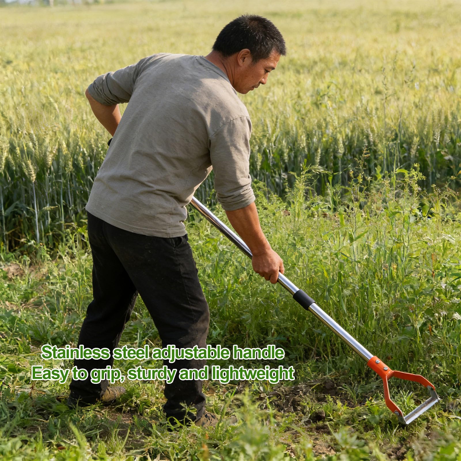 Herramienta de Jardín con Azada, Fácil de Desmalezar, Azada con Estribo de Mango Largo Ajustable, Azada de Jardín Resistente para Limpiar Macizos de Flores, Pasarelas y Patios (Naranja)