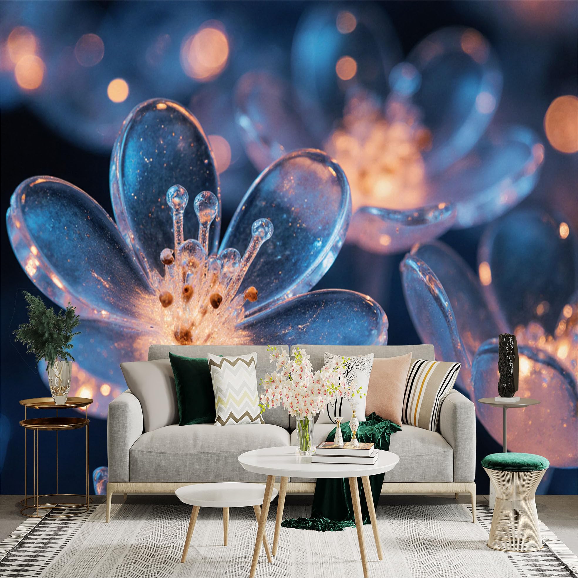 Custom Size Wall Sticker Mural， Transparent Glass Flowers， Glowing Petals， Soft Bokeh Lighting， Aesthetic Floral Art， for wall Decoration， peelandstick wall Decals.
