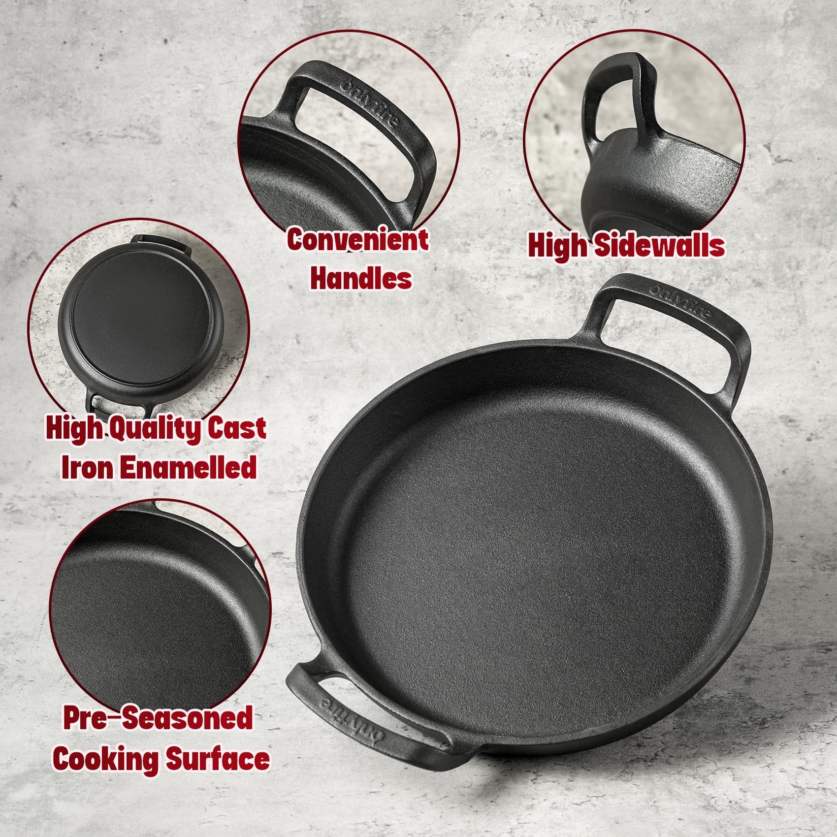 Onlyfire Poêles Gril en Fonte Ø 26.5 cm, Poêle à Griller avec Poignée, Accessoire de Barbeque pour Induction, Four, Barbecues à Gaz, Charbon et Électrique