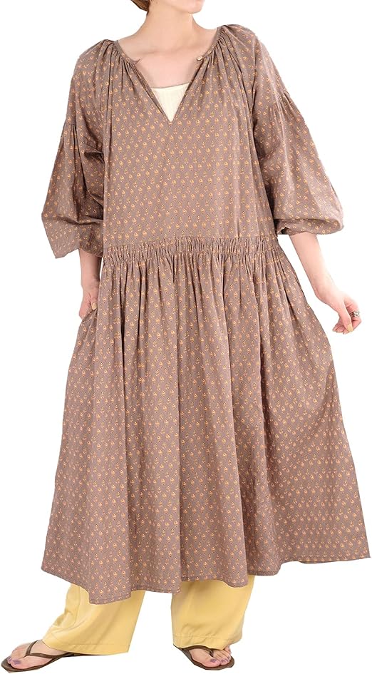 Amazon Co Jp アンドジェイ リゾート柄 インド綿 ギャザー ワンピース 4947 レディース 長袖 ロングワンピース M モカ 服 ファッション小物