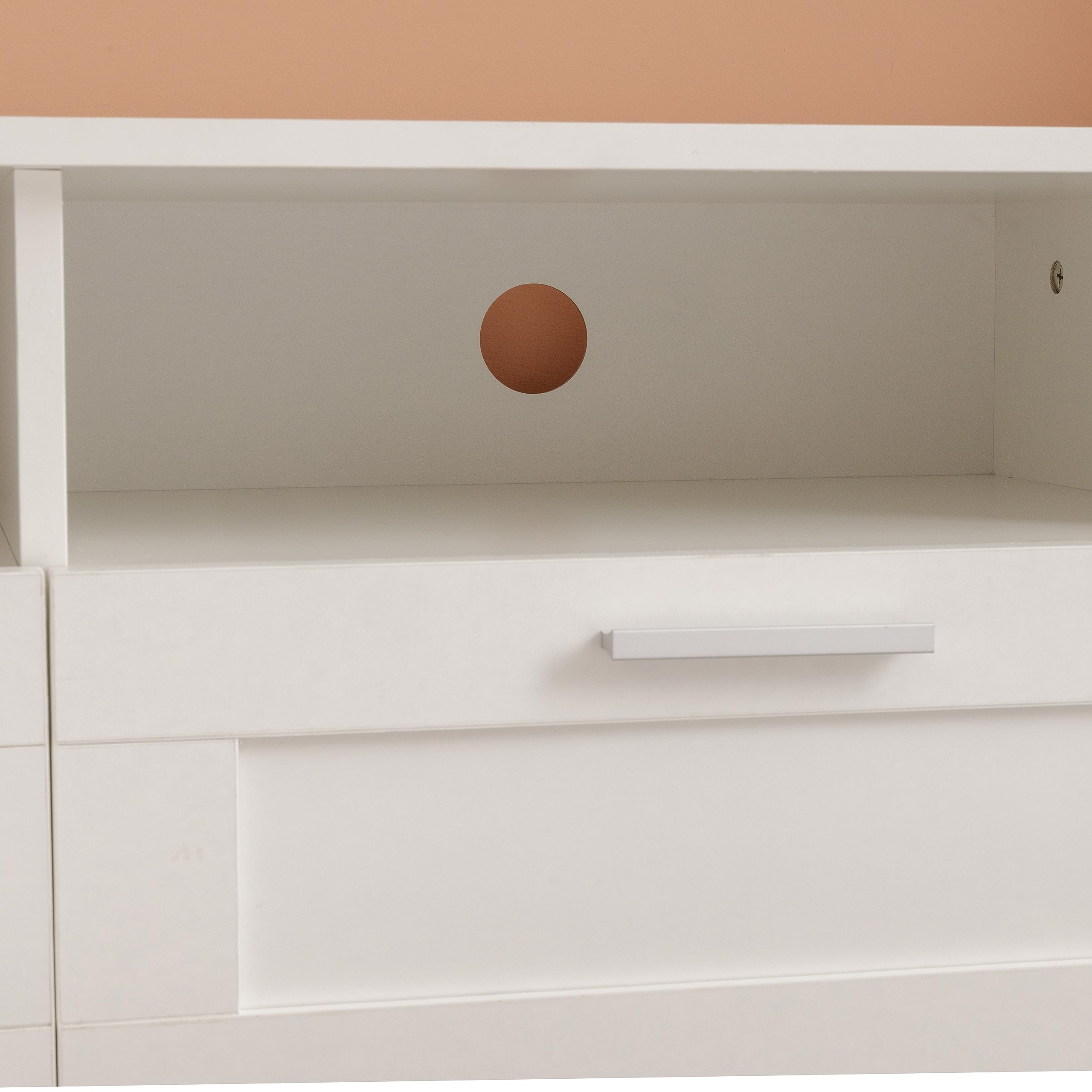 Baroni Home Mobile per Tv con 3 Ripiani 3 Cassetti, Foro per Passaggio Cavi in MDF, Consolle Porta TV per Camera da Letto, Salotto, Cucina, Bianco, 140x33x30 cm