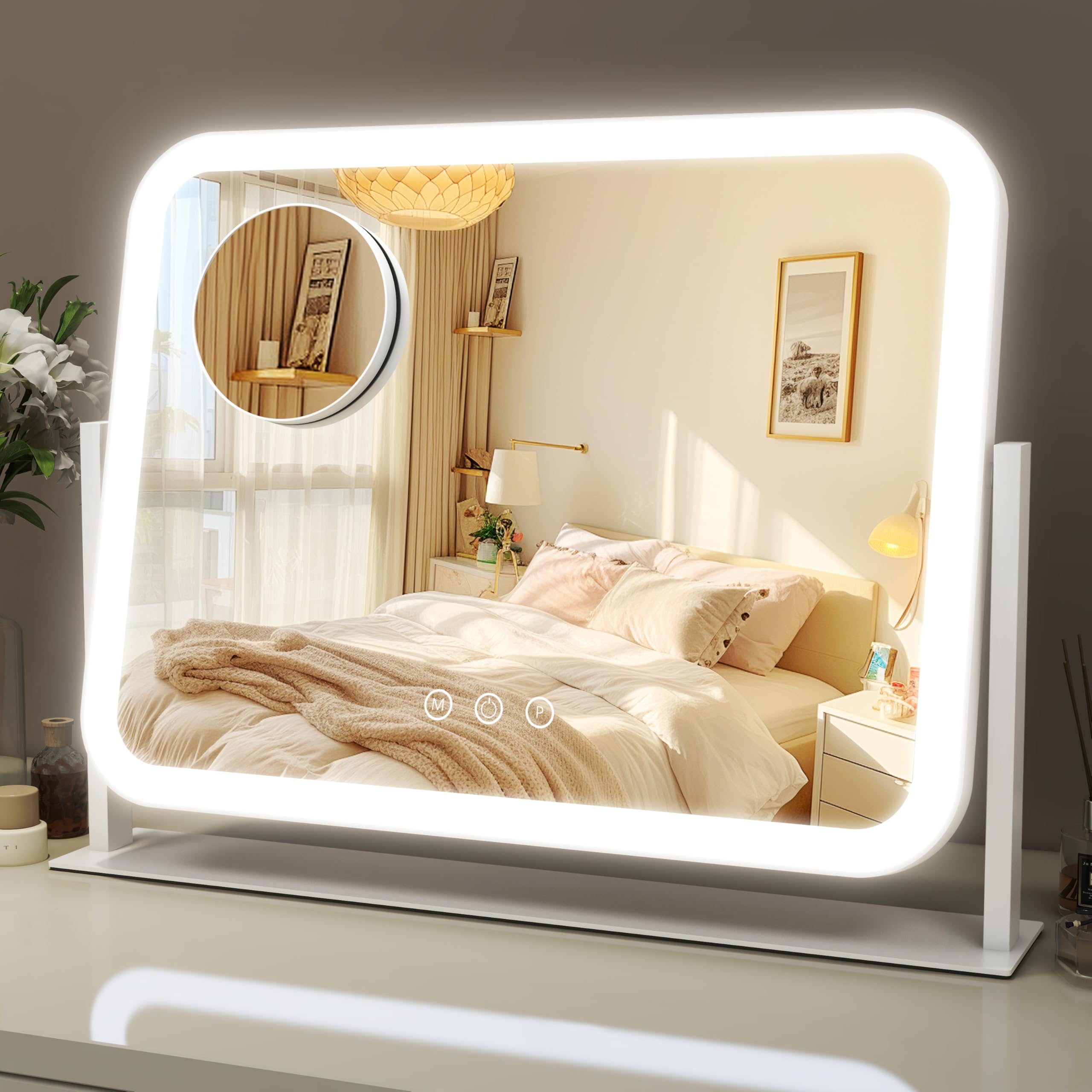 ROLOVE Lighted Makeup Mirror, 17"x13" Vanity Mirror with Lights, 10X Magnification, Gifts for Women, 3 Color Lighting Modes, Smart Touch Control, 360° Rotation for Bedroom or Tabletop (White)