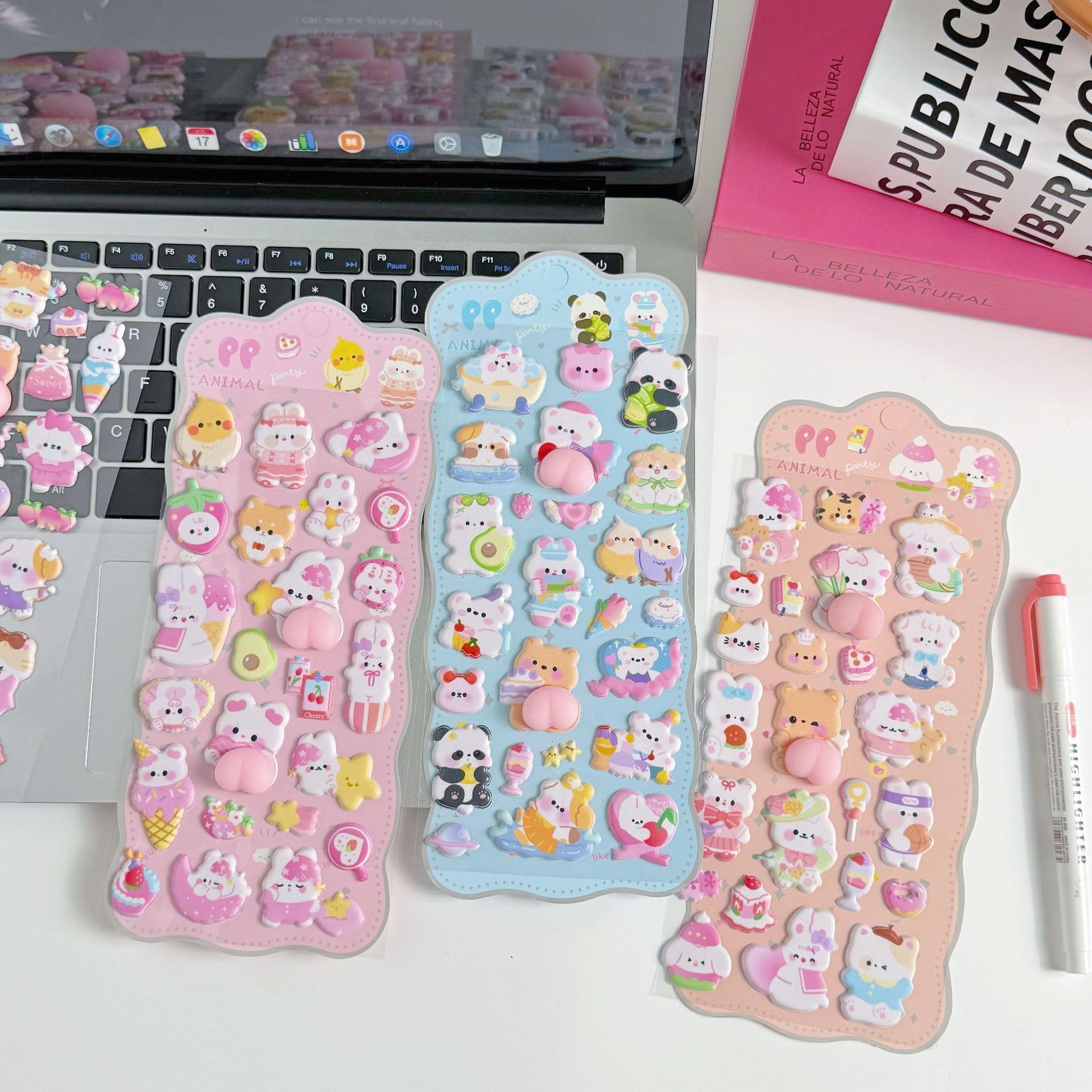 【触りたくなる】4枚セット 重複なし おしり ぷにぷにシール ぷくぷく 3D 立体 ステッカー キャラクター風 マシュマロ感 スクイーズ風 シール帳 デコレーション - 2