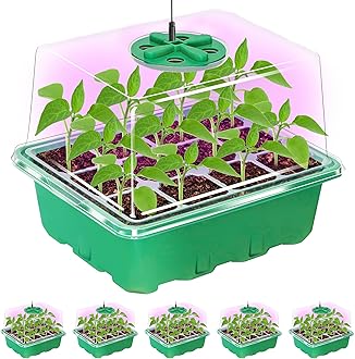 Bonviee 5 Packs Seed Starter Tray with Plant Light, Elevated Seedling Starter Trays Kits with Adjustable Humidity Domes and Clear Cell Tray, 12 Full Spectrum led lamp Beads for Plants Indoor-Green