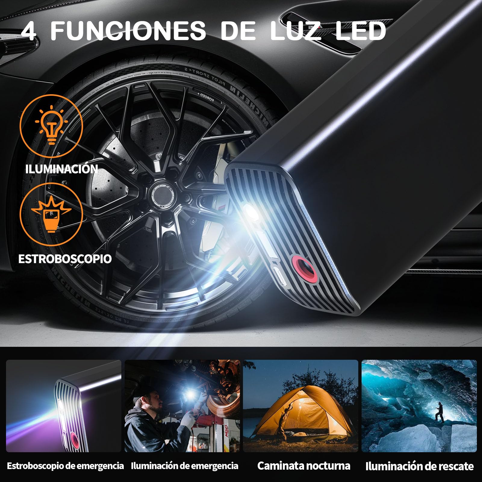 FOWAWU 6000mAh Compresor Aire Portatil, 150PSI 12V DC Bomba de Aire Bicicleta Electrica con gran pantalla doble LCD y Linterna LED, Inflador Ruedas Coche para Moto, Bicicletas, Pelotas